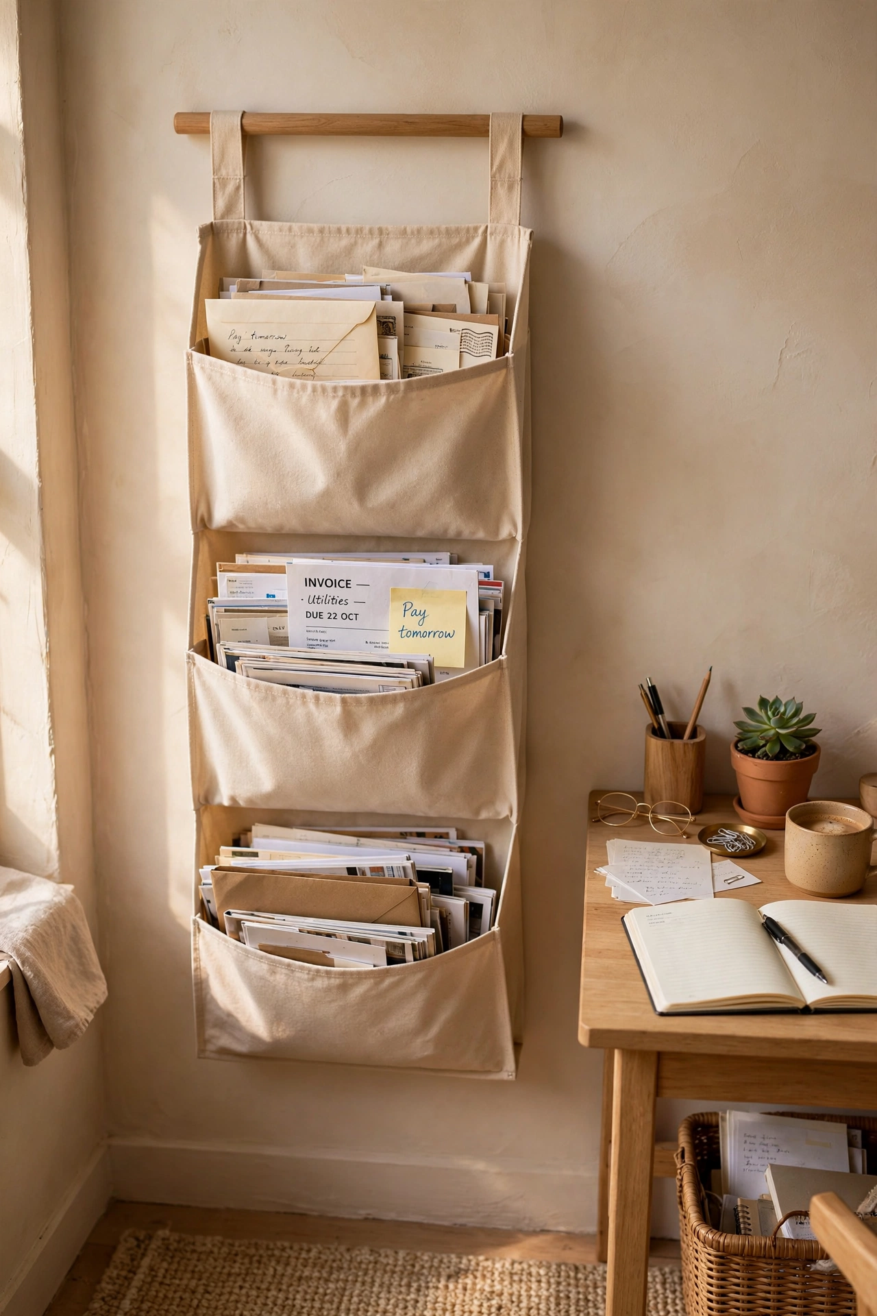 Fabric wall pockets sorting incoming paper beside a desk