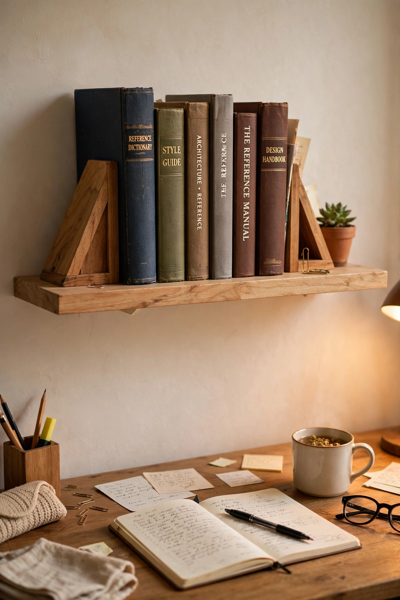 Wooden bookends holding reference books on a shelf