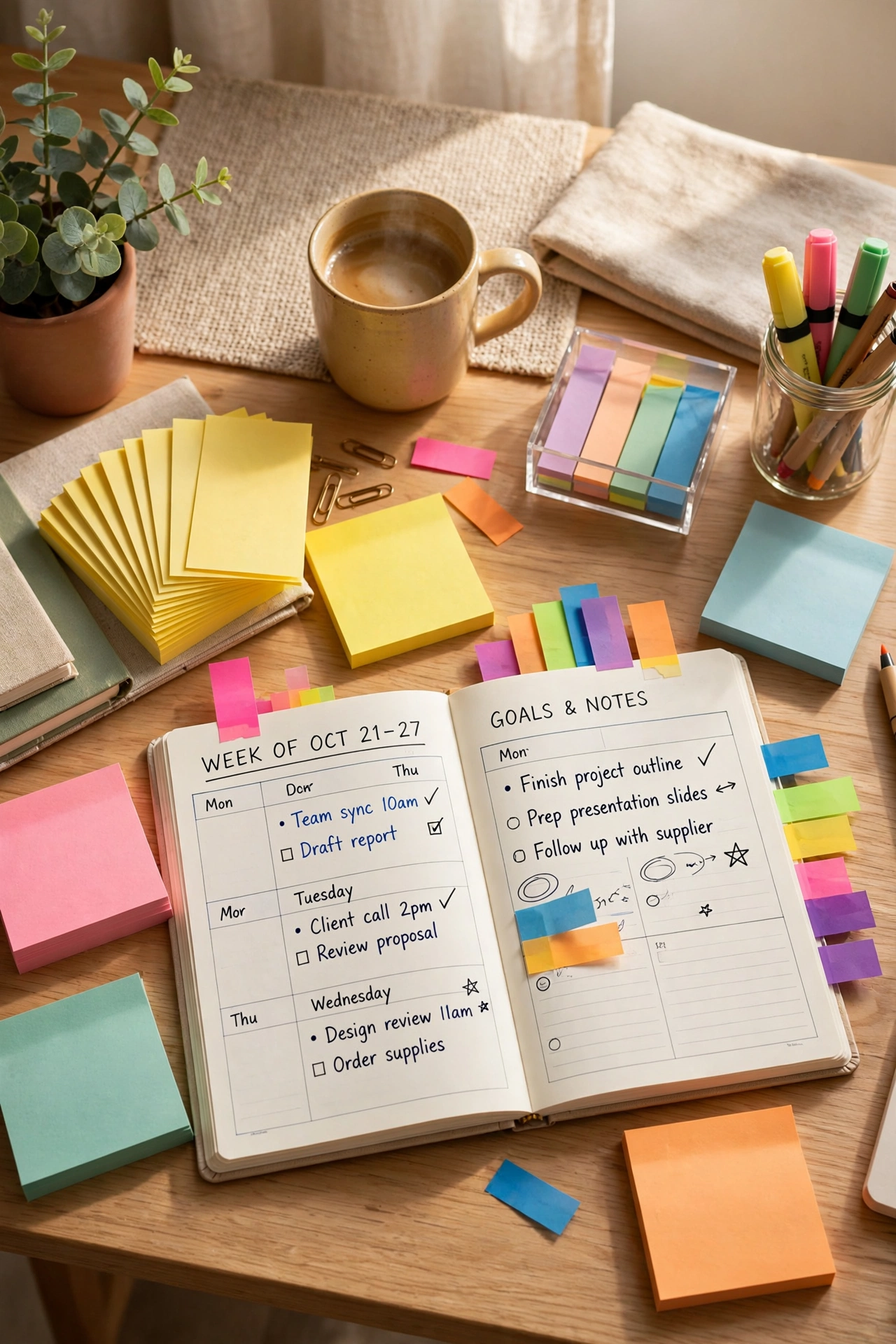 Bulk sticky notes and colourful page flags on a desk