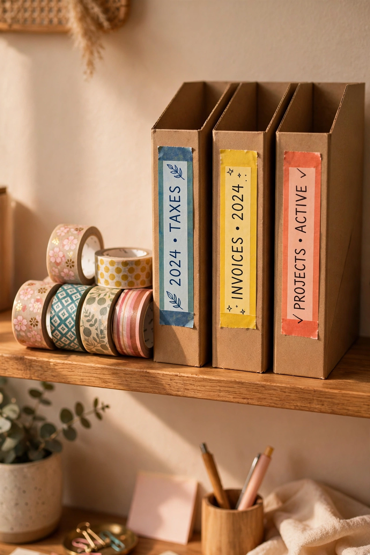 Washi tape rolls colour-coding file holder spines