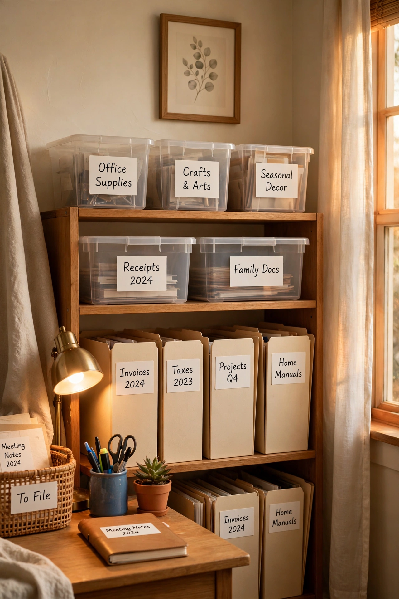 Labelled white storage bins and folders in a home office