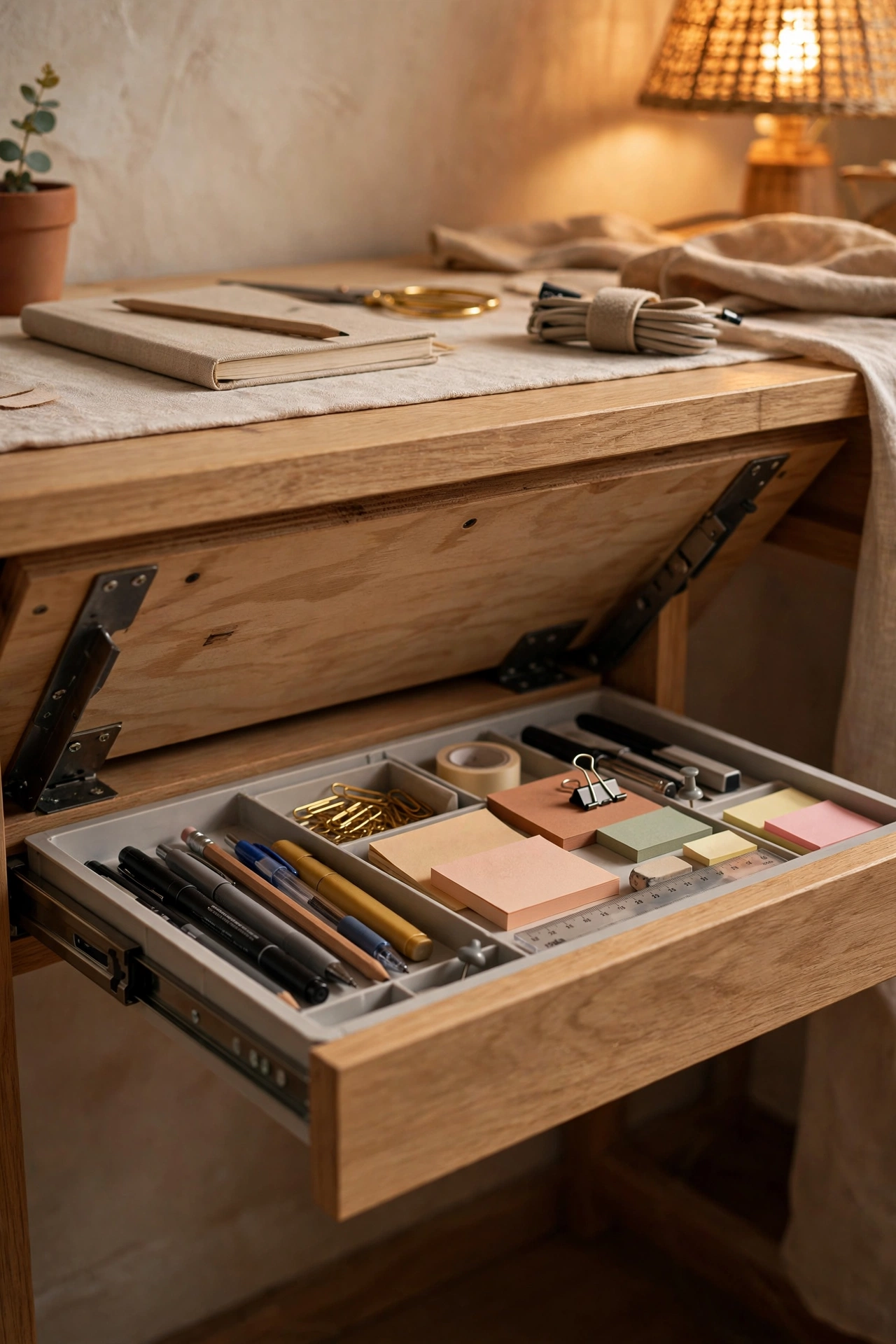 Under-desk hanging drawer mounted beneath a desktop