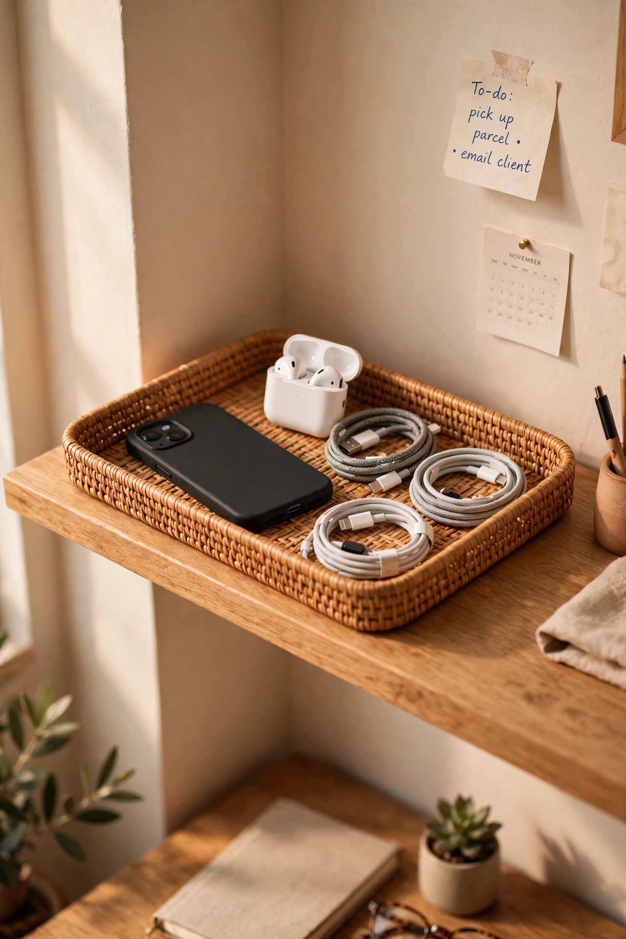 Shallow tray organising phones and chargers on a shelf