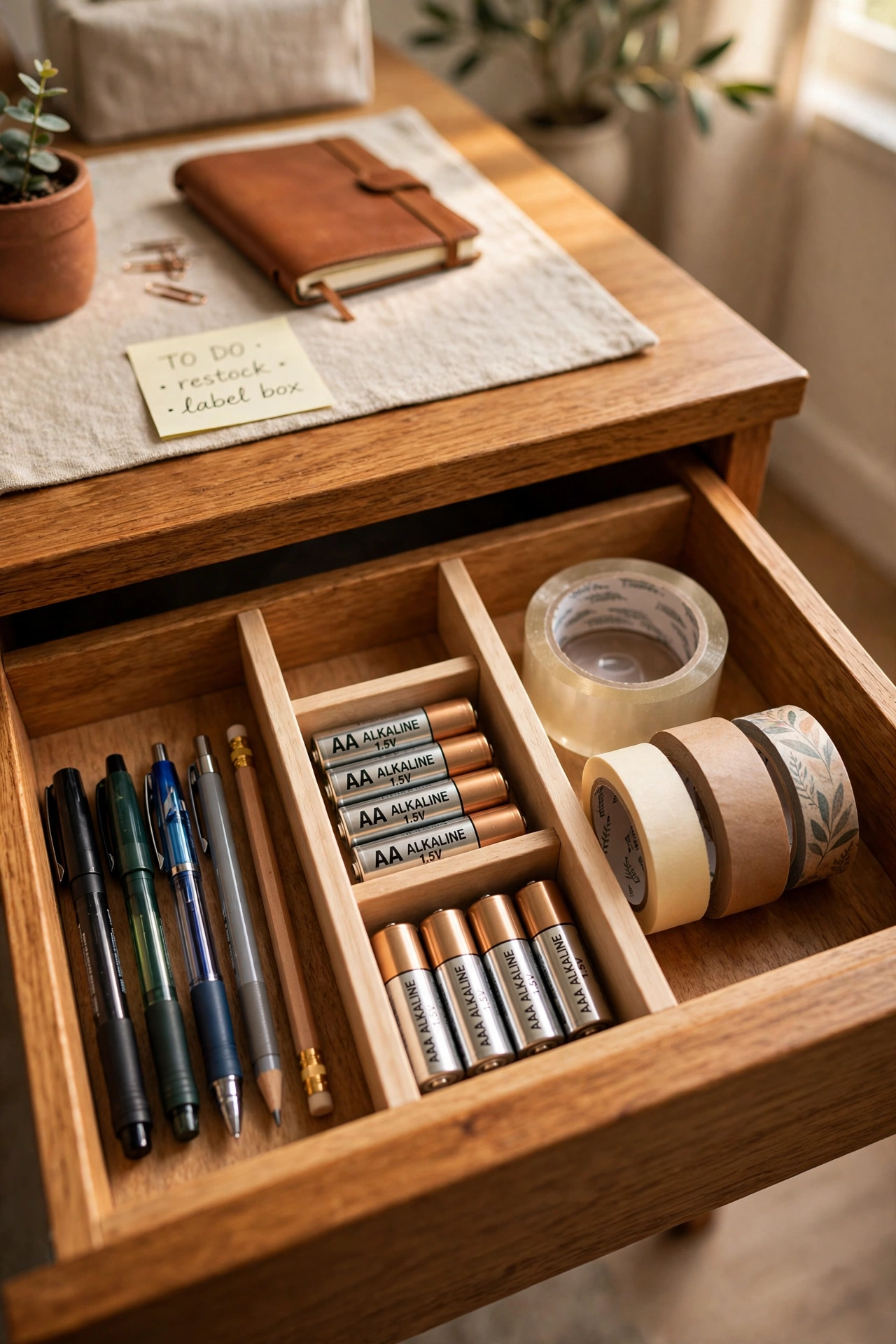 Desk drawer with expandable dividers organising supplies