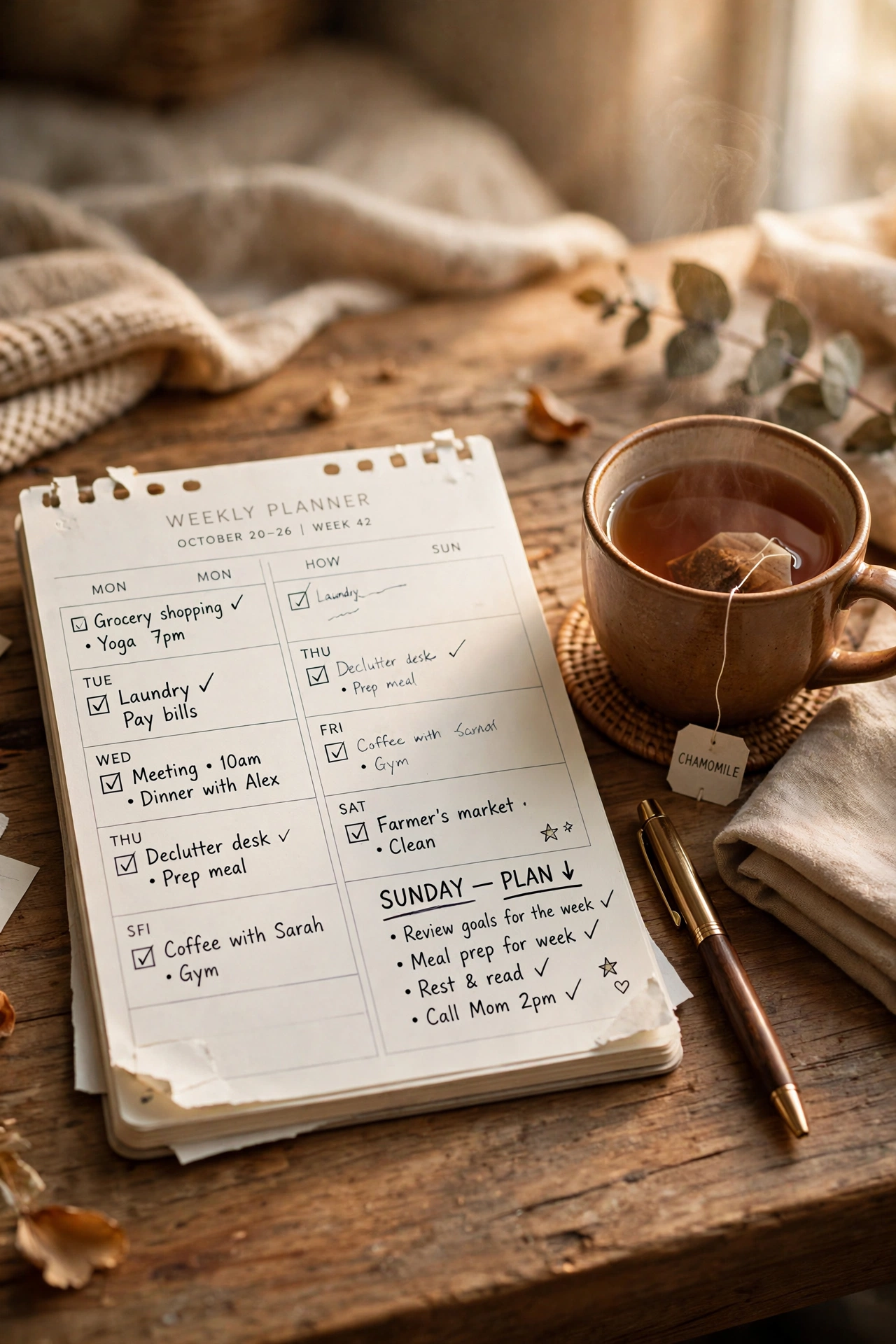 Tear-off weekly planner pad on a desk with a cup of tea