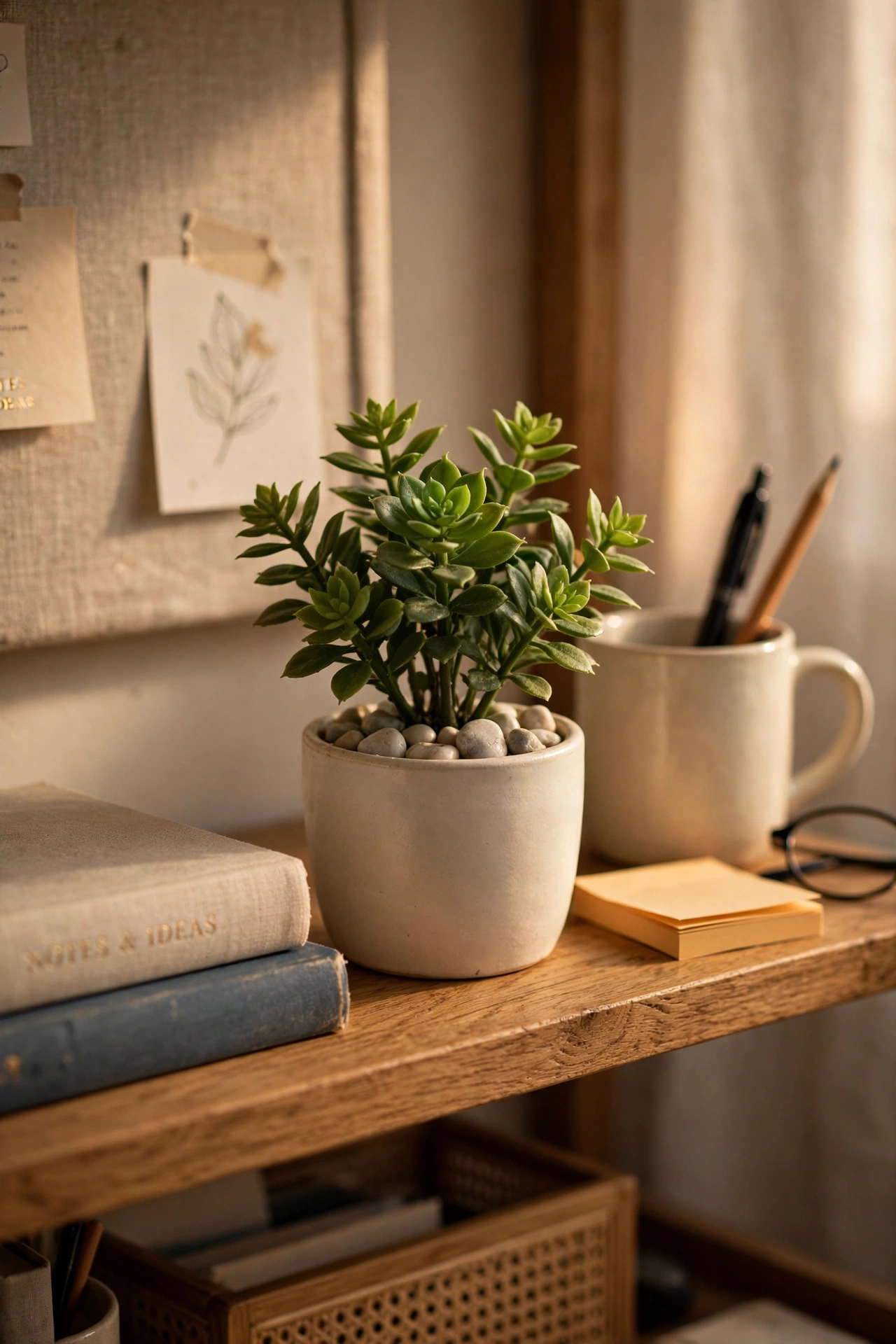Small faux plant with pebbles on a home office shelf