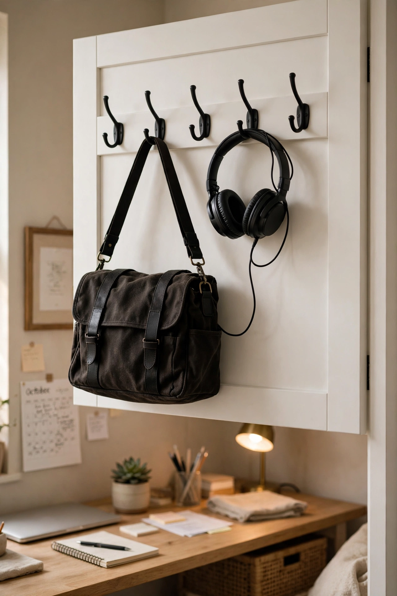 Over-door hooks holding bag and headphones on a cupboard door