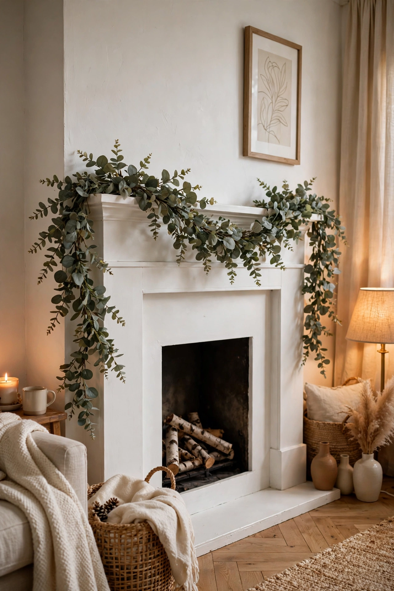 Faux eucalyptus garland draped across a styled mantel