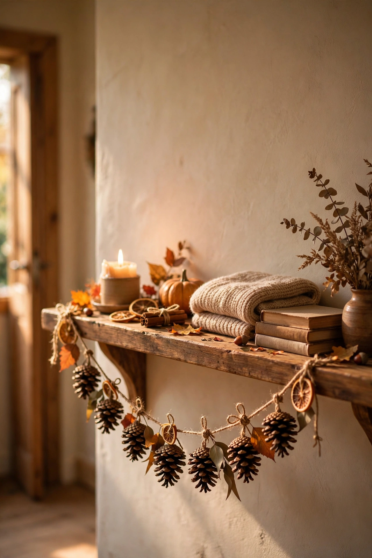 Pinecone garland threaded on twine along a hallway shelf