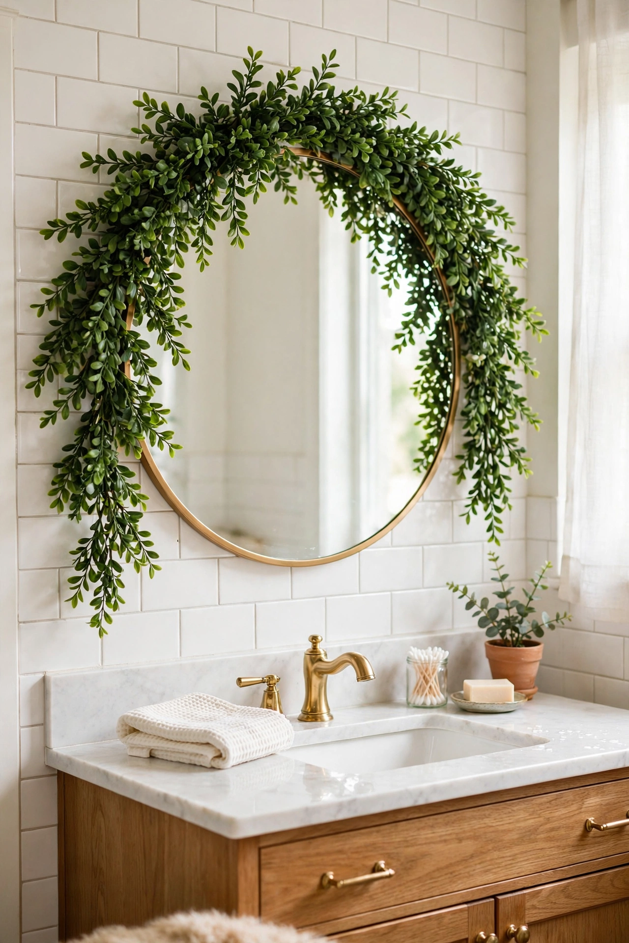 Boxwood garland draped over a bathroom mirror