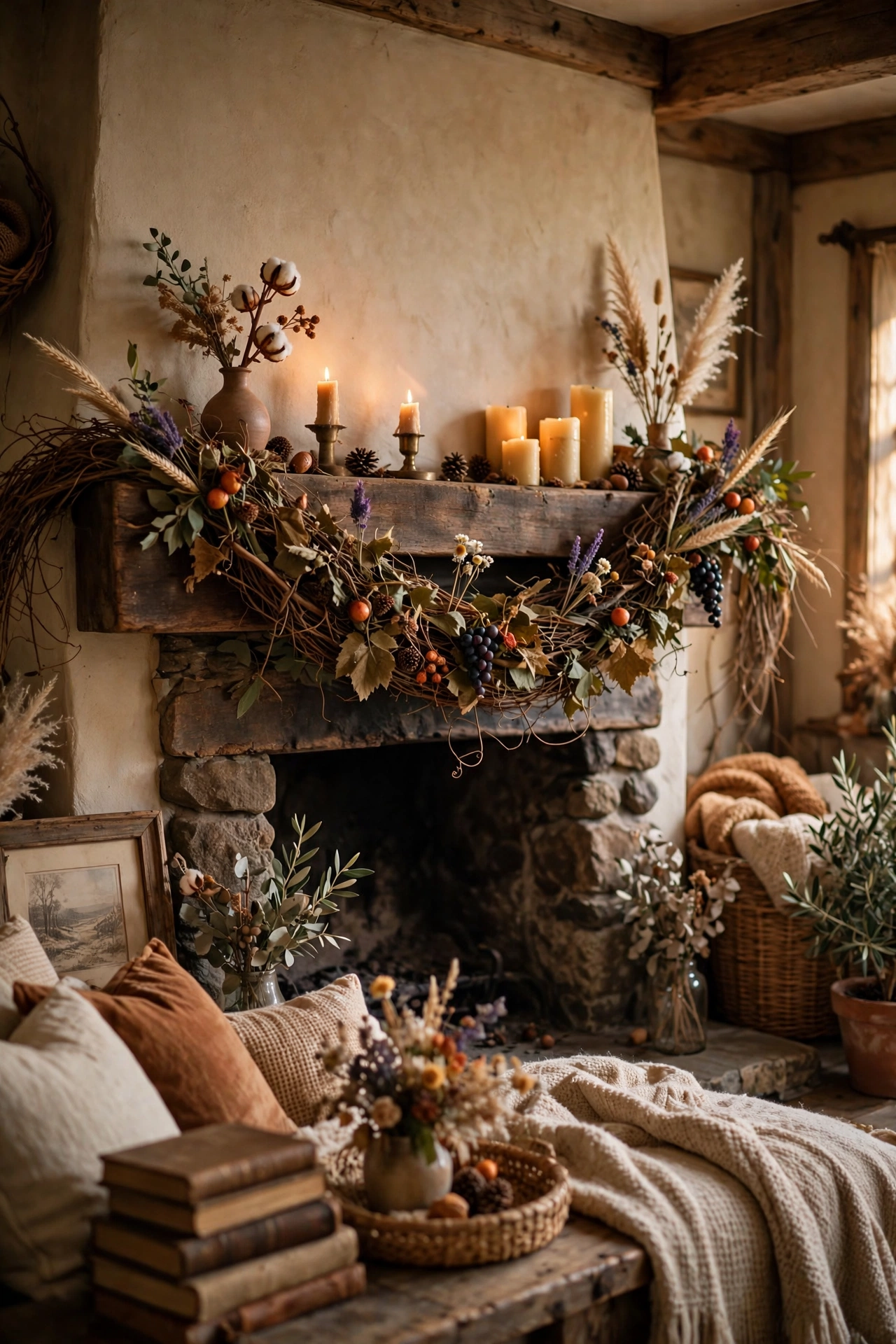 Plain vine garland base decorated with seasonal picks