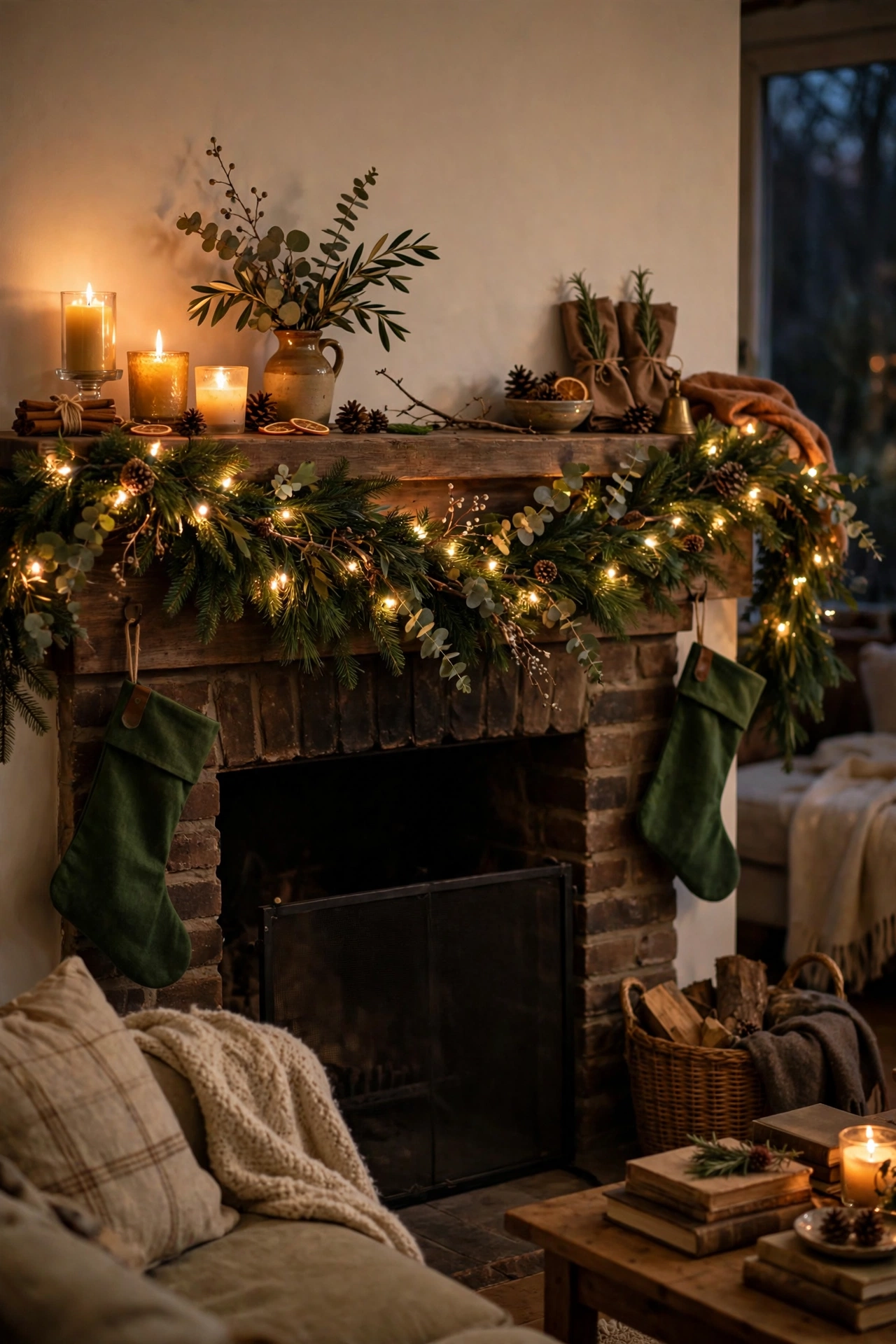 Greenery garland with warm fairy lights woven through on a mantel