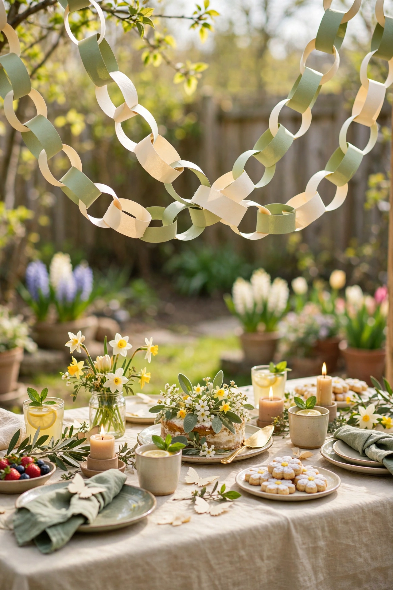 Cream and sage paper chain garland for a spring party