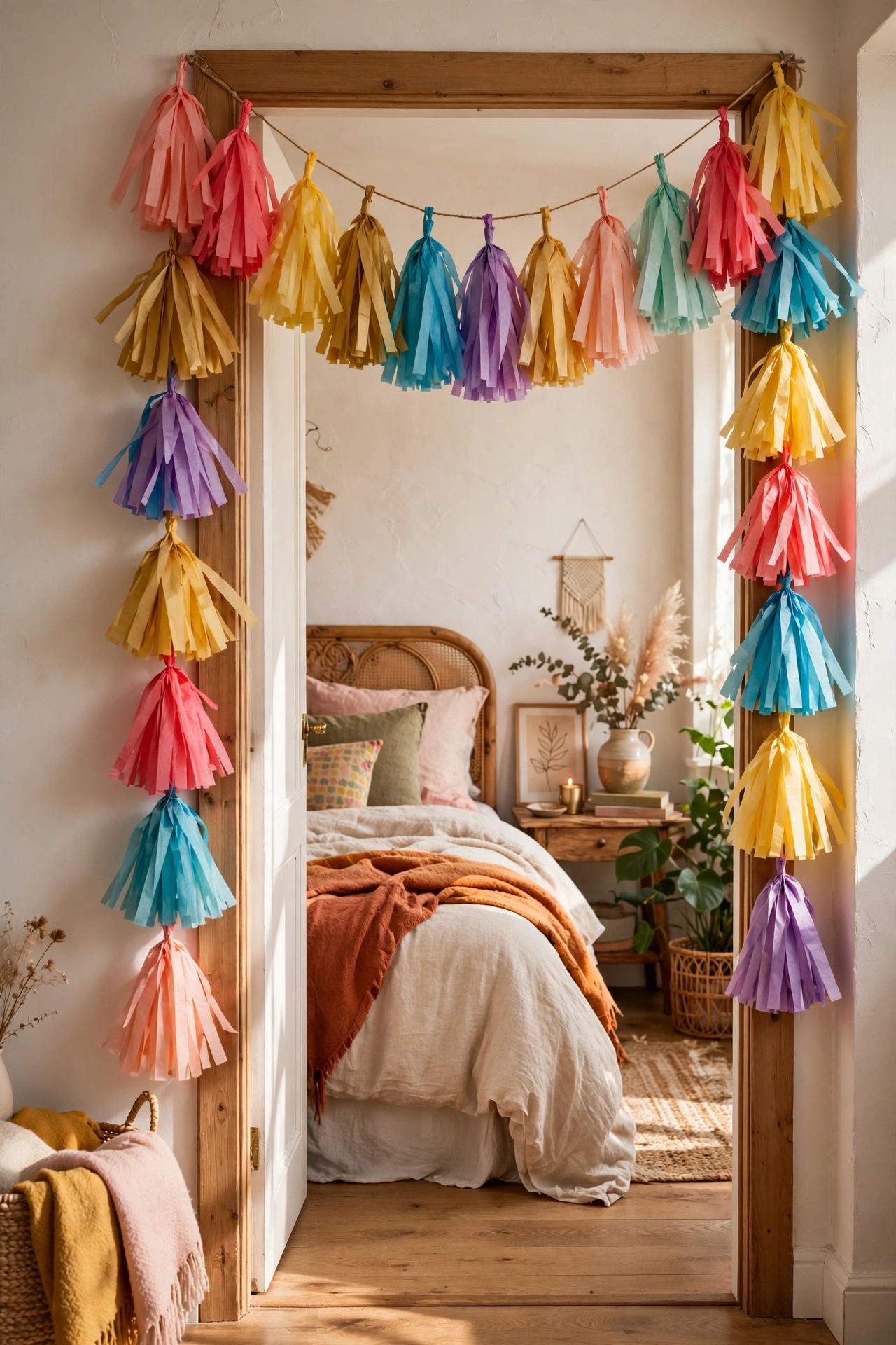 Tissue paper tassel garland in a bedroom doorway
