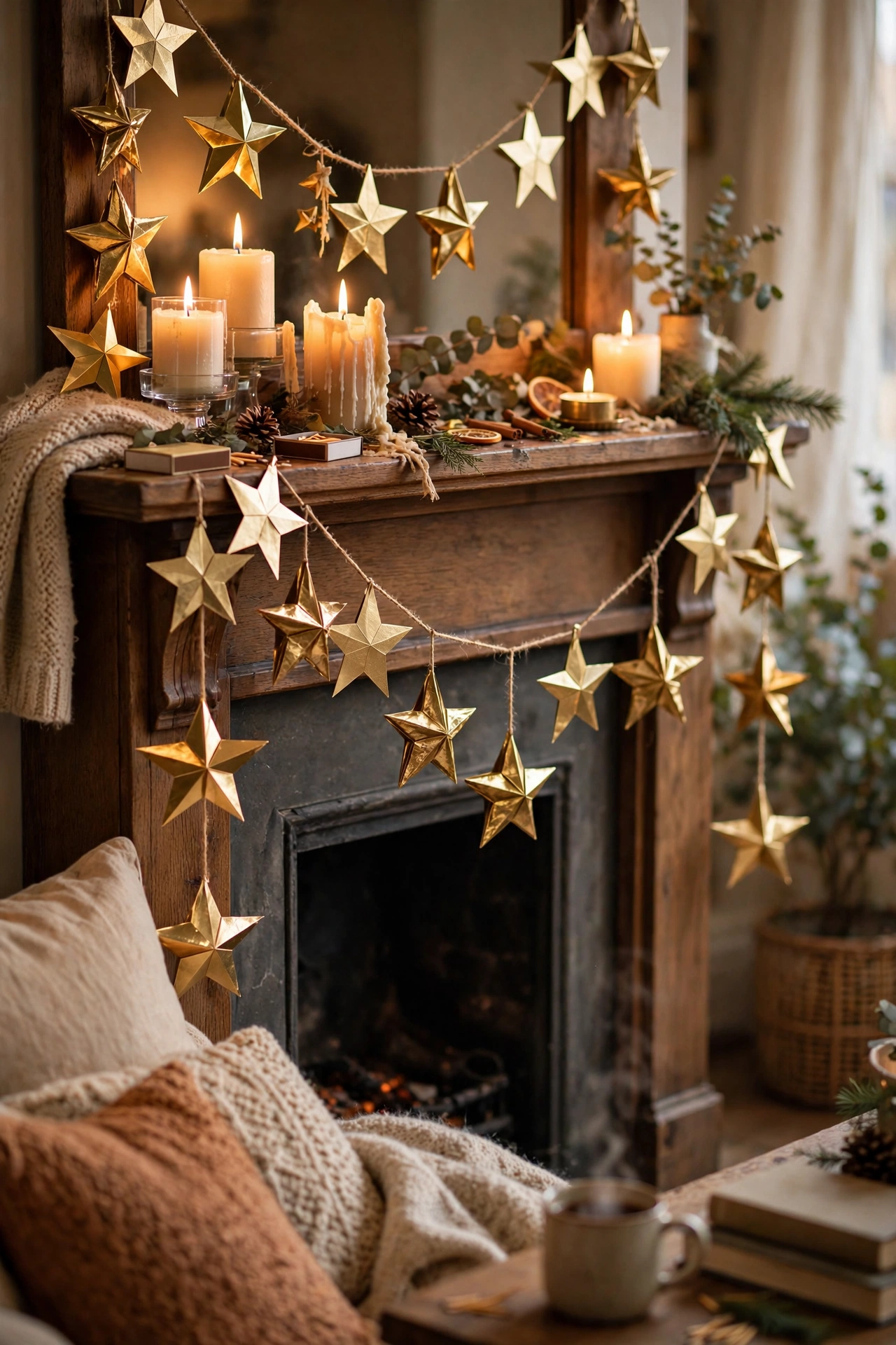 Gold paper star garland on a holiday mantel