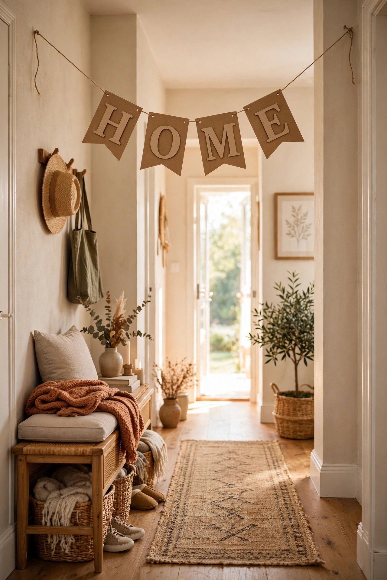 Letter banner garland spelling HOME in a hallway