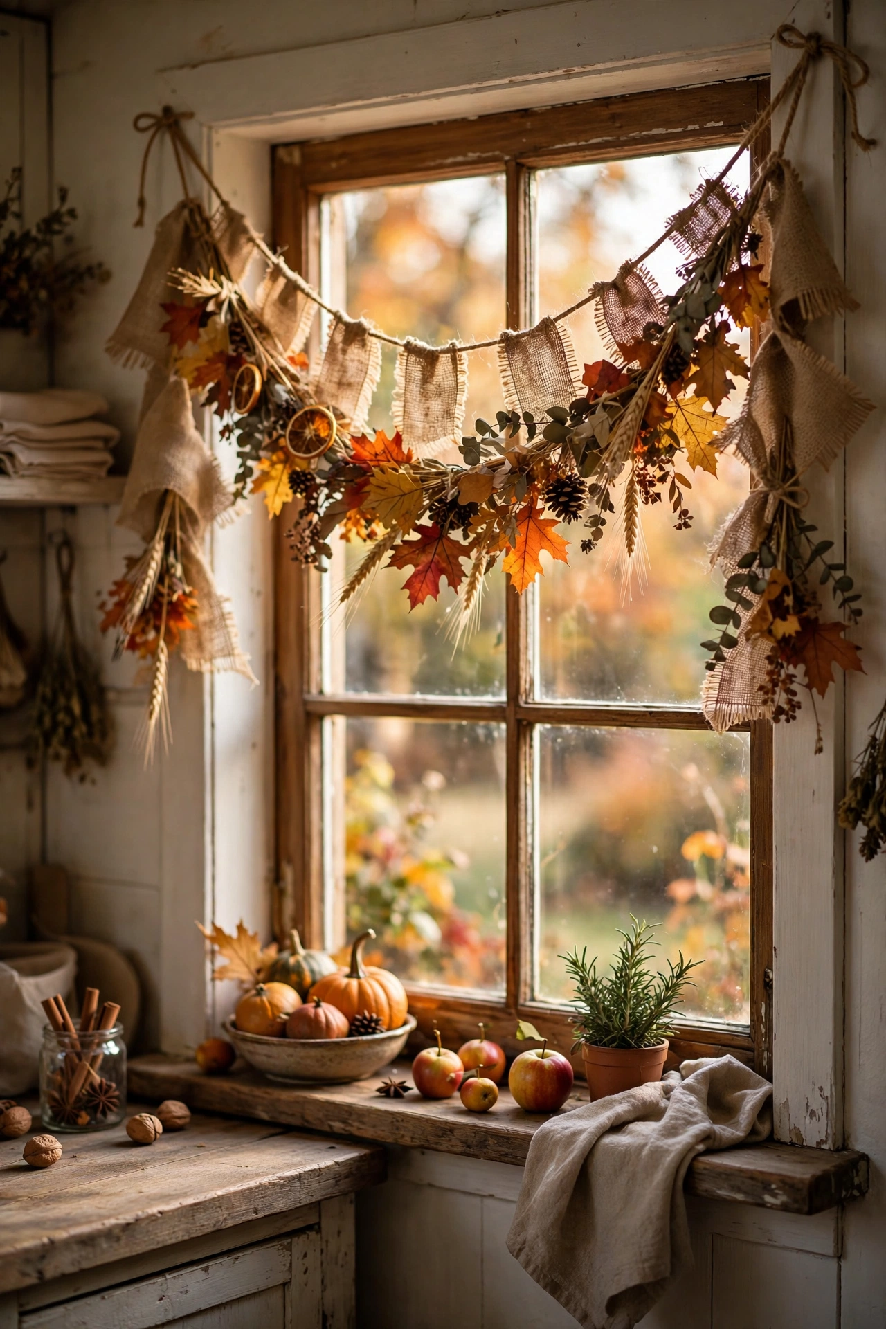Burlap strip rag garland over a kitchen window
