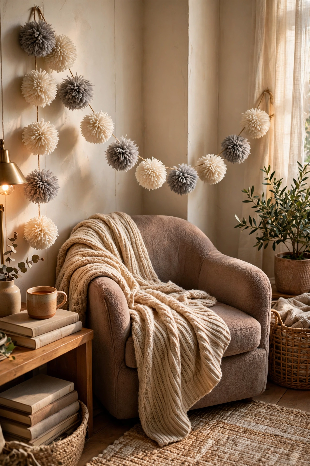 Fluffy yarn pom-pom garland near a reading chair