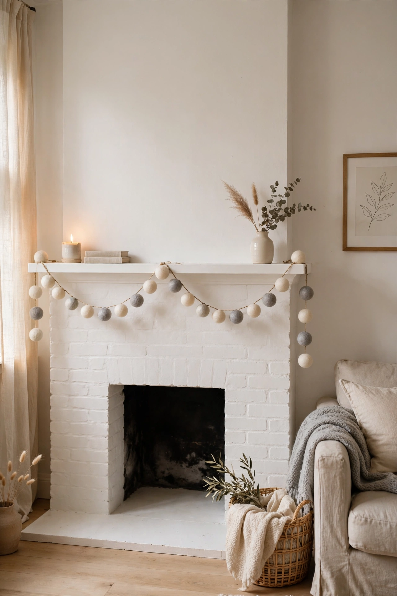 Neutral felt ball garland across a fireplace