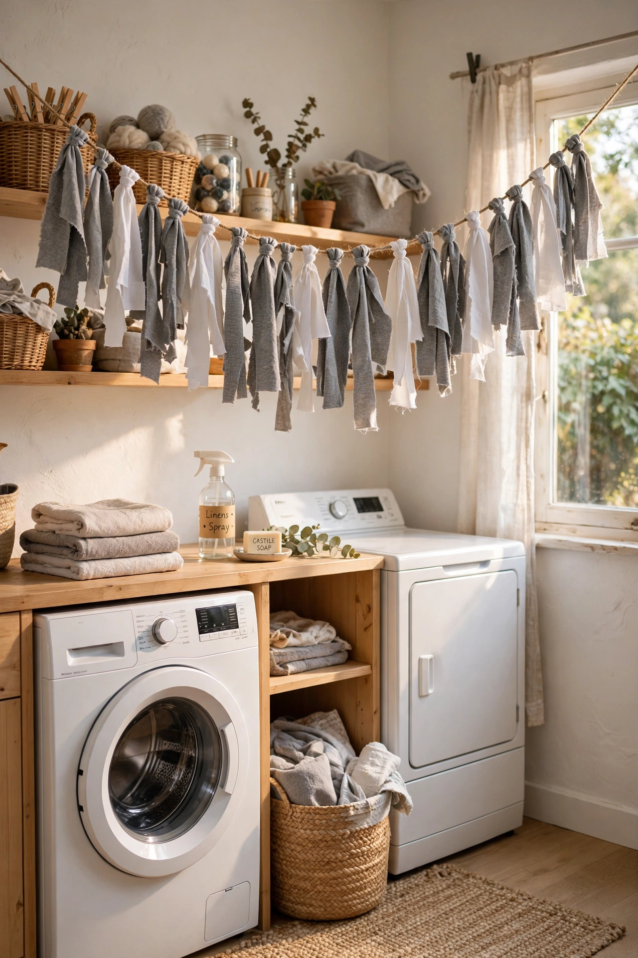 T-shirt yarn strip garland in a laundry room