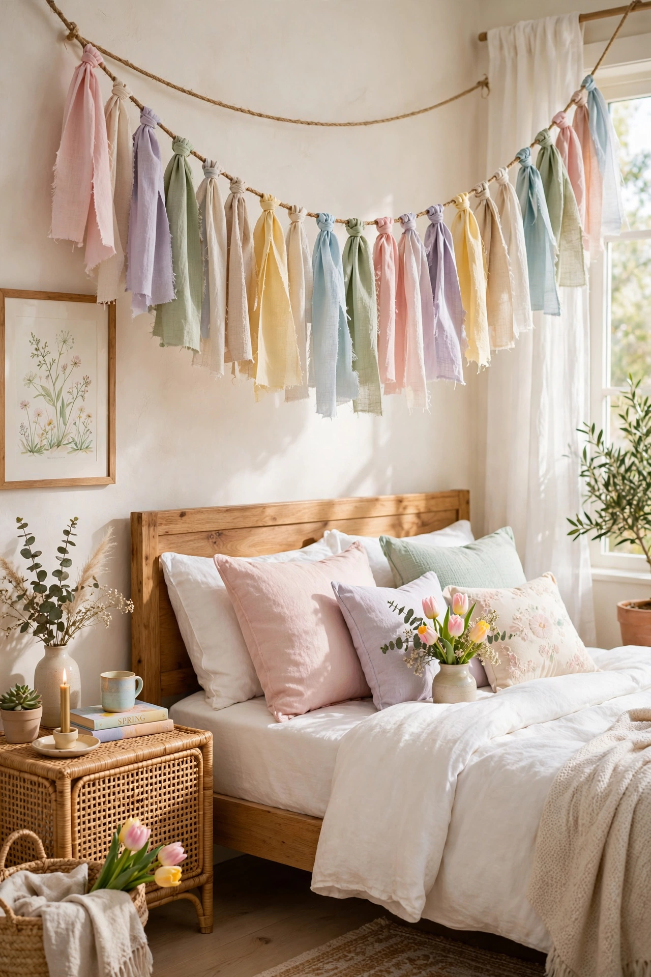 Pastel fabric strip rag garland in a bedroom