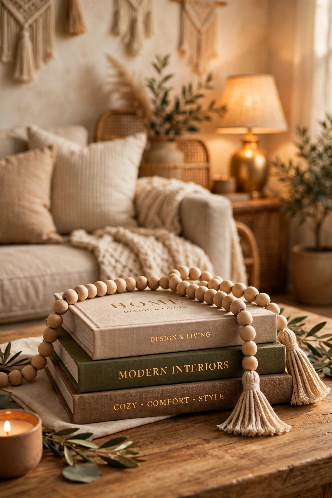 Wooden bead garland draped over stacked books