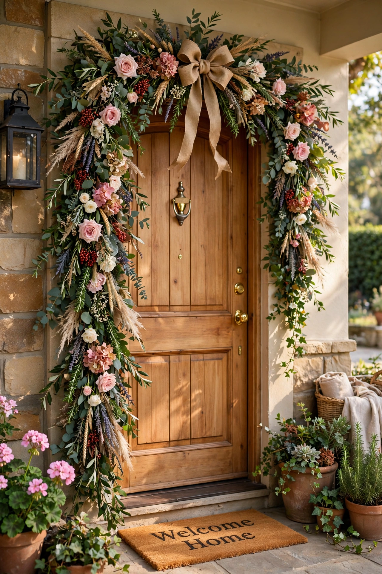 Lush floral swag garland on a front door