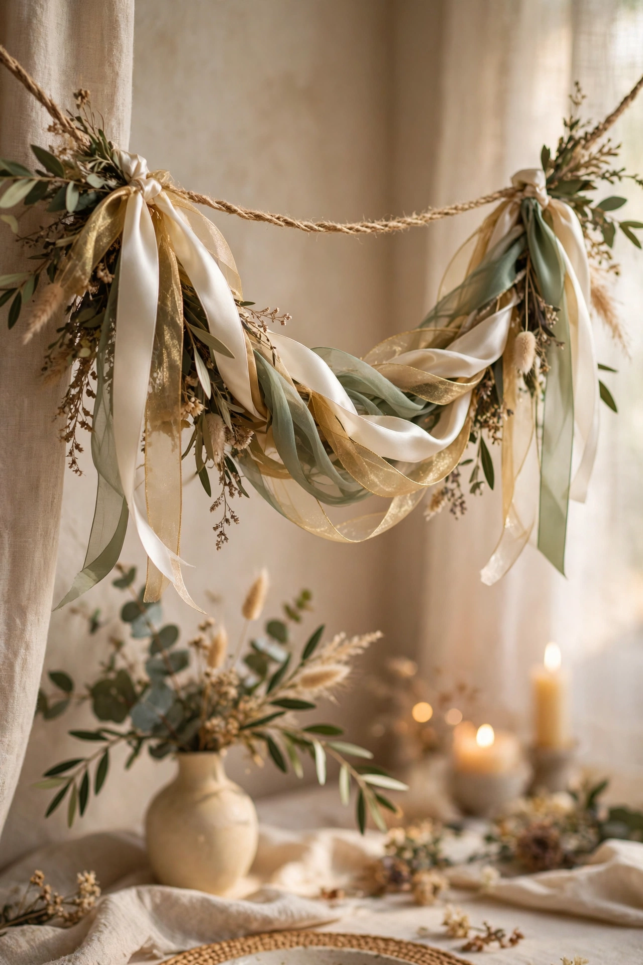 Mixed texture ribbon garland in cream gold and sage