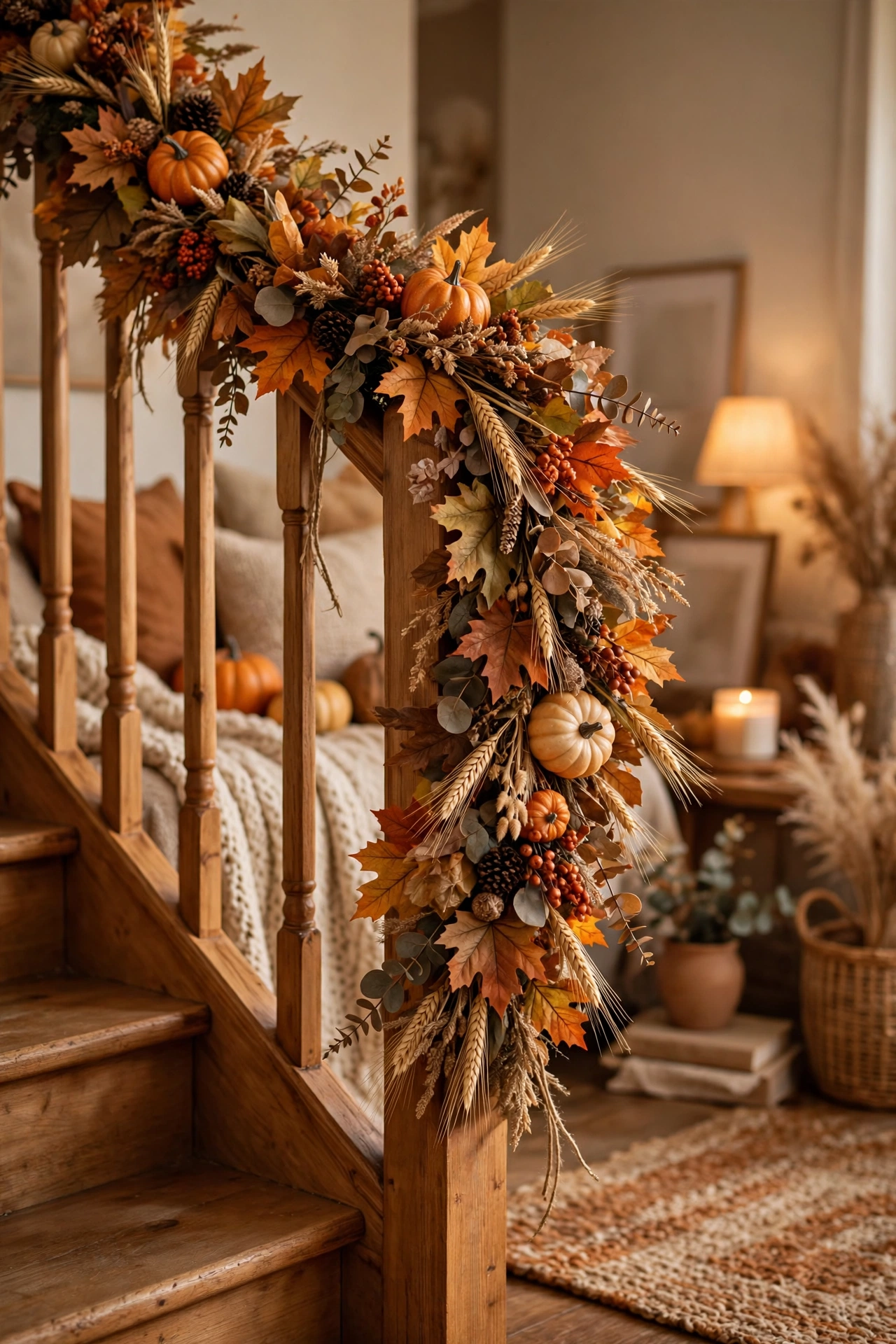 Chunky autumn harvest swag garland on a stair banister
