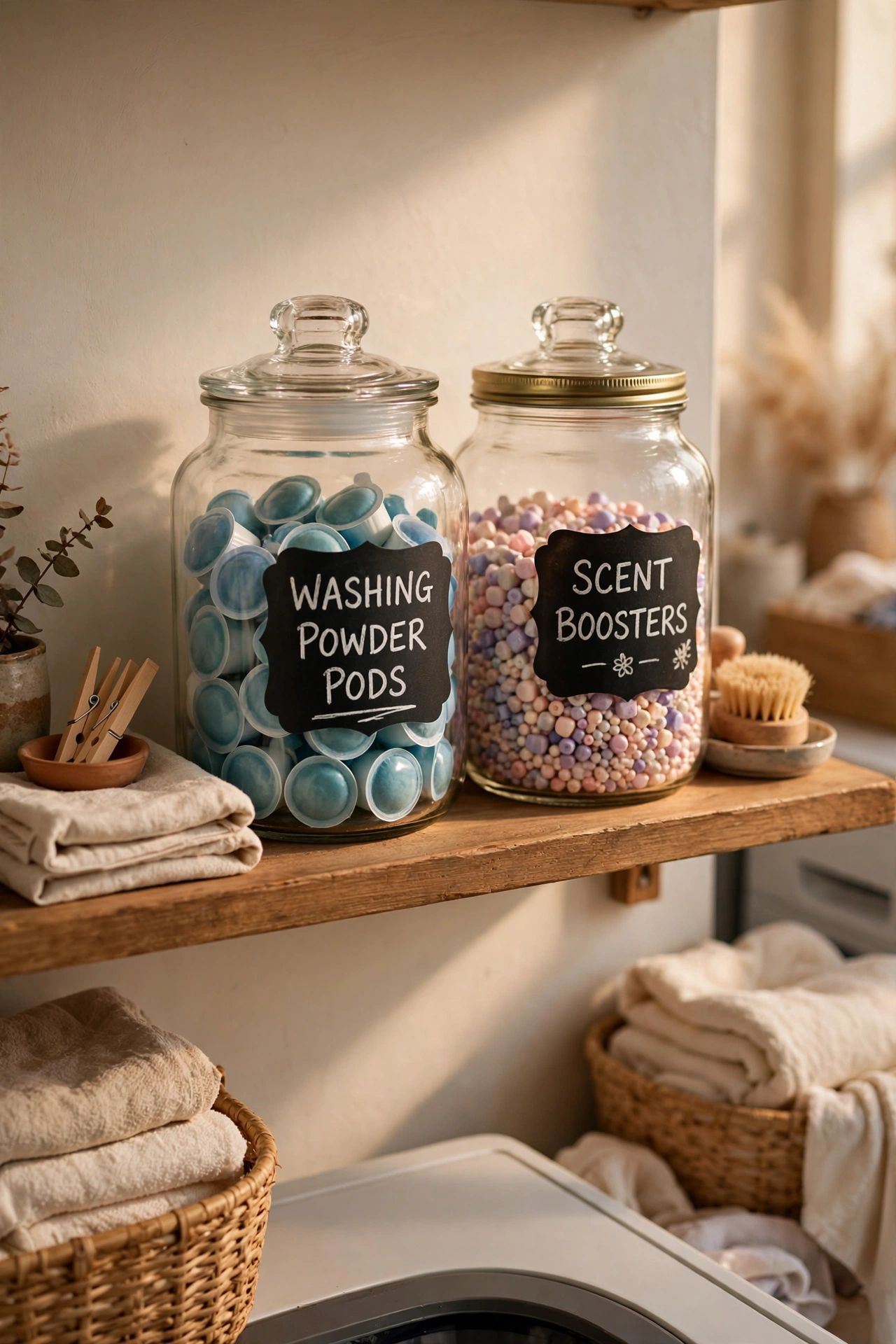 Matching glass jars with labels decanting laundry detergent and boosters