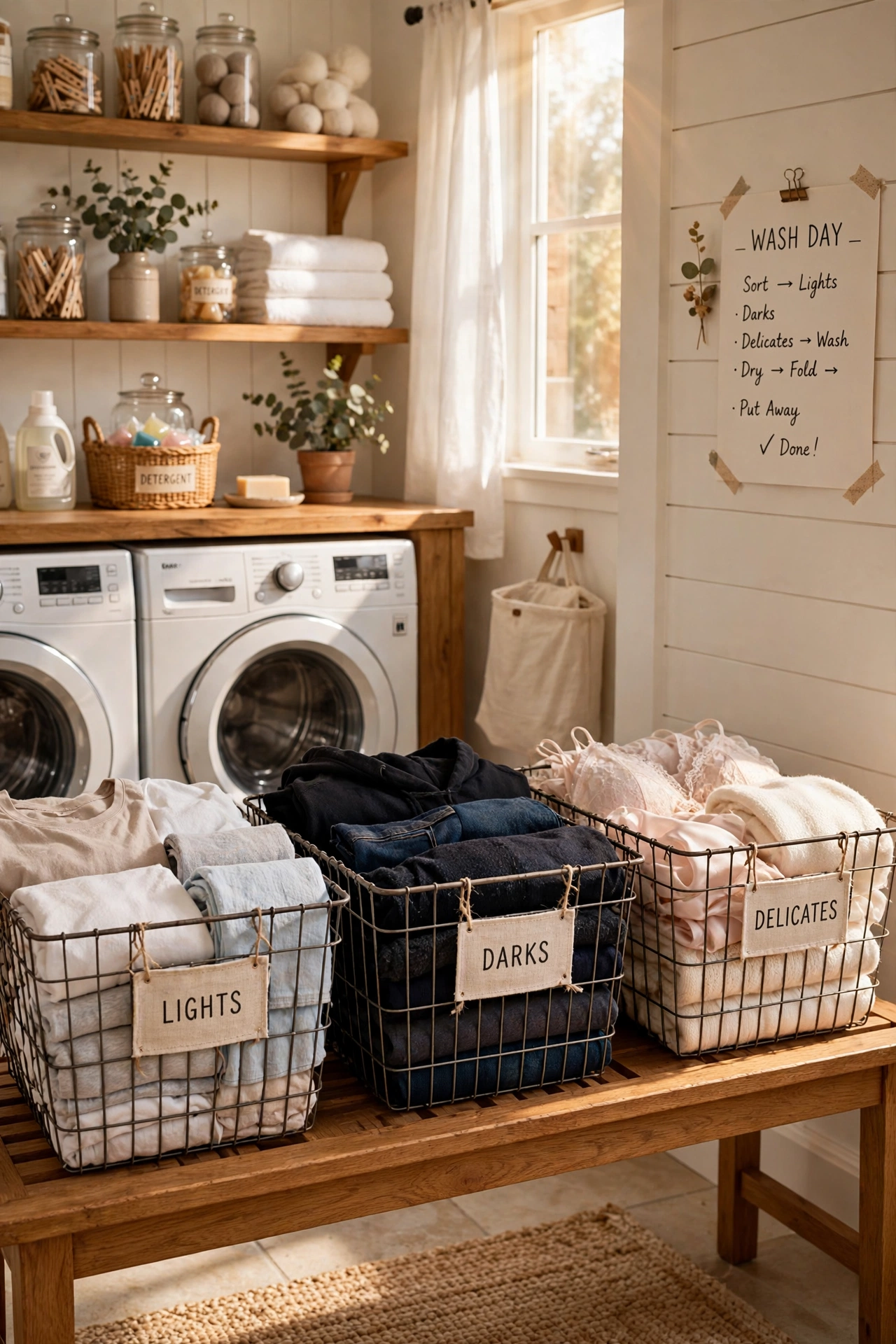 Three labelled wire baskets sorting lights darks and delicates