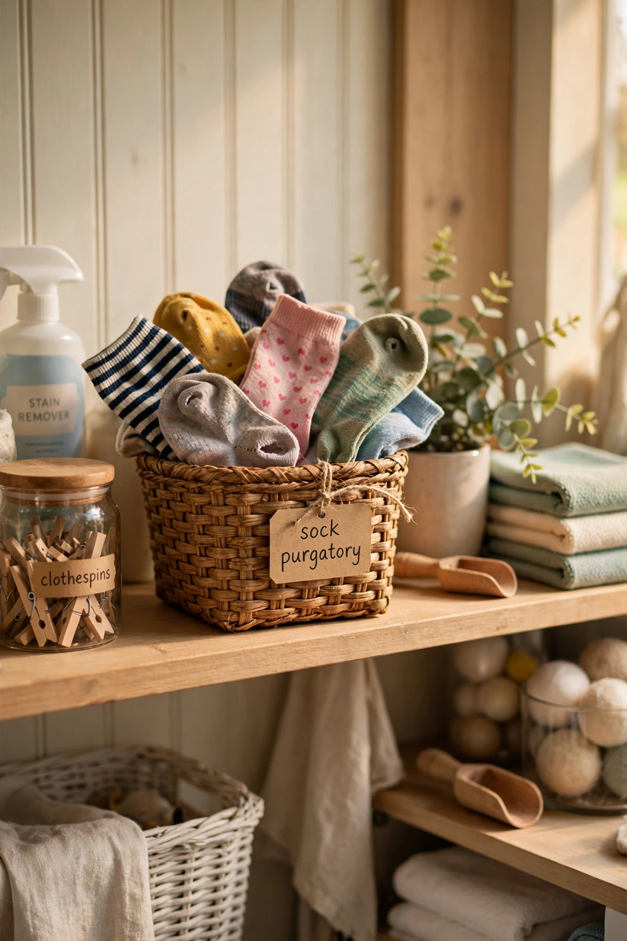 Small basket labelled for lost single socks