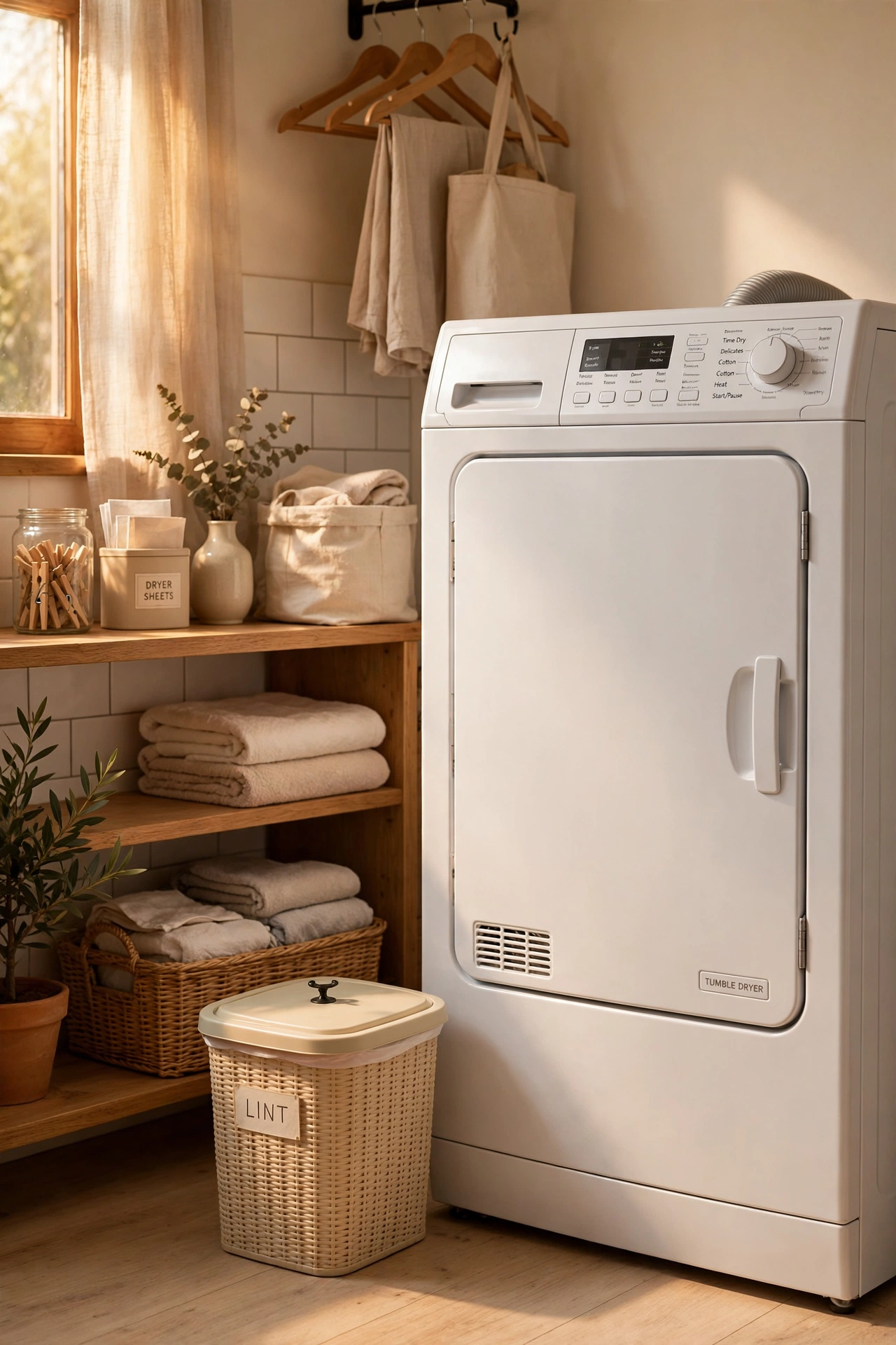 Small lidded bin for dryer lint beside the dryer