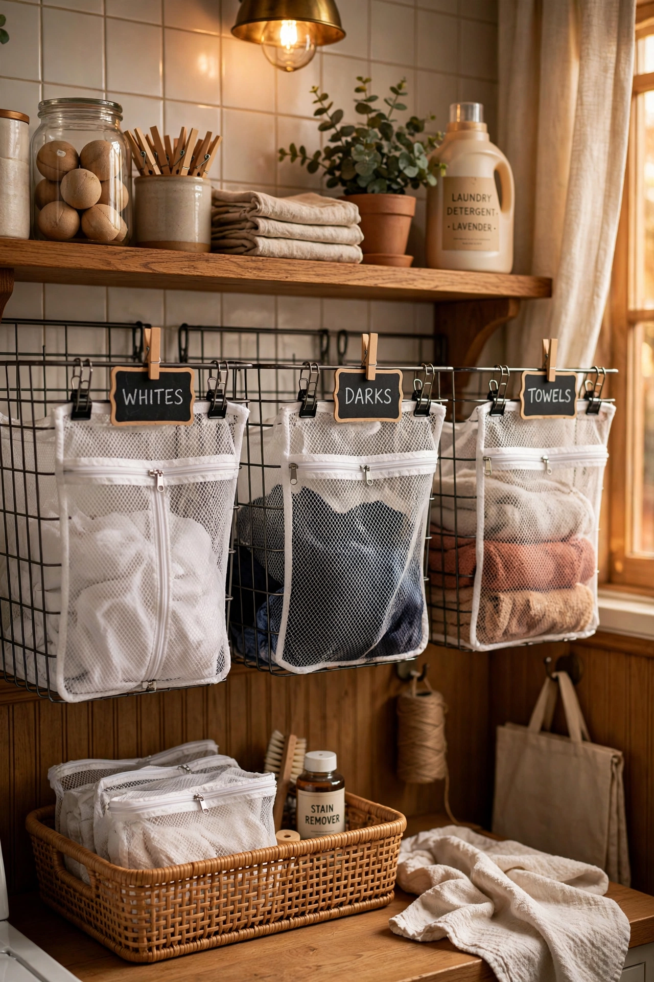 Mesh laundry bags clipped to sorting baskets