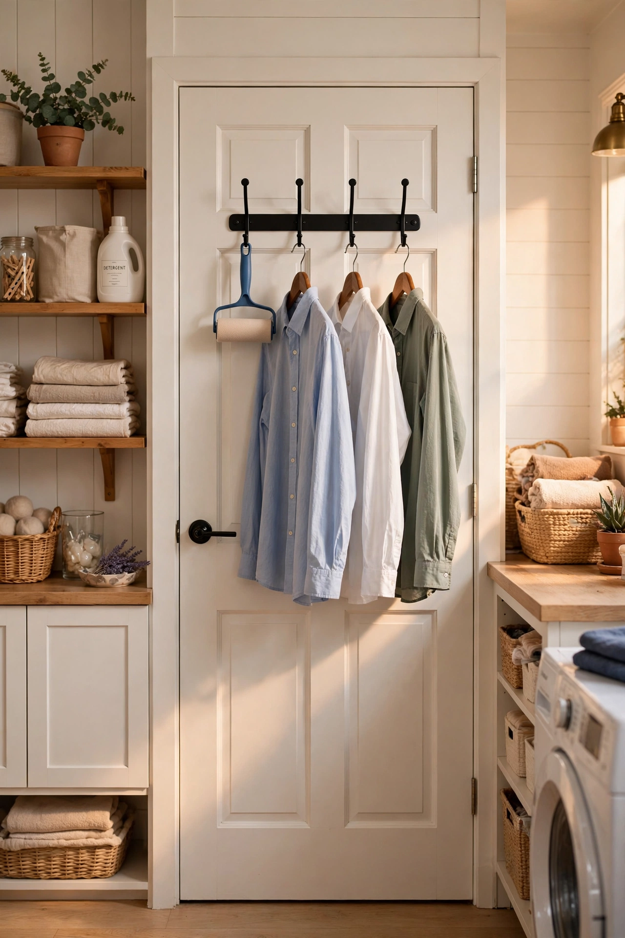 Over-door hook rack holding ironing items on a laundry door