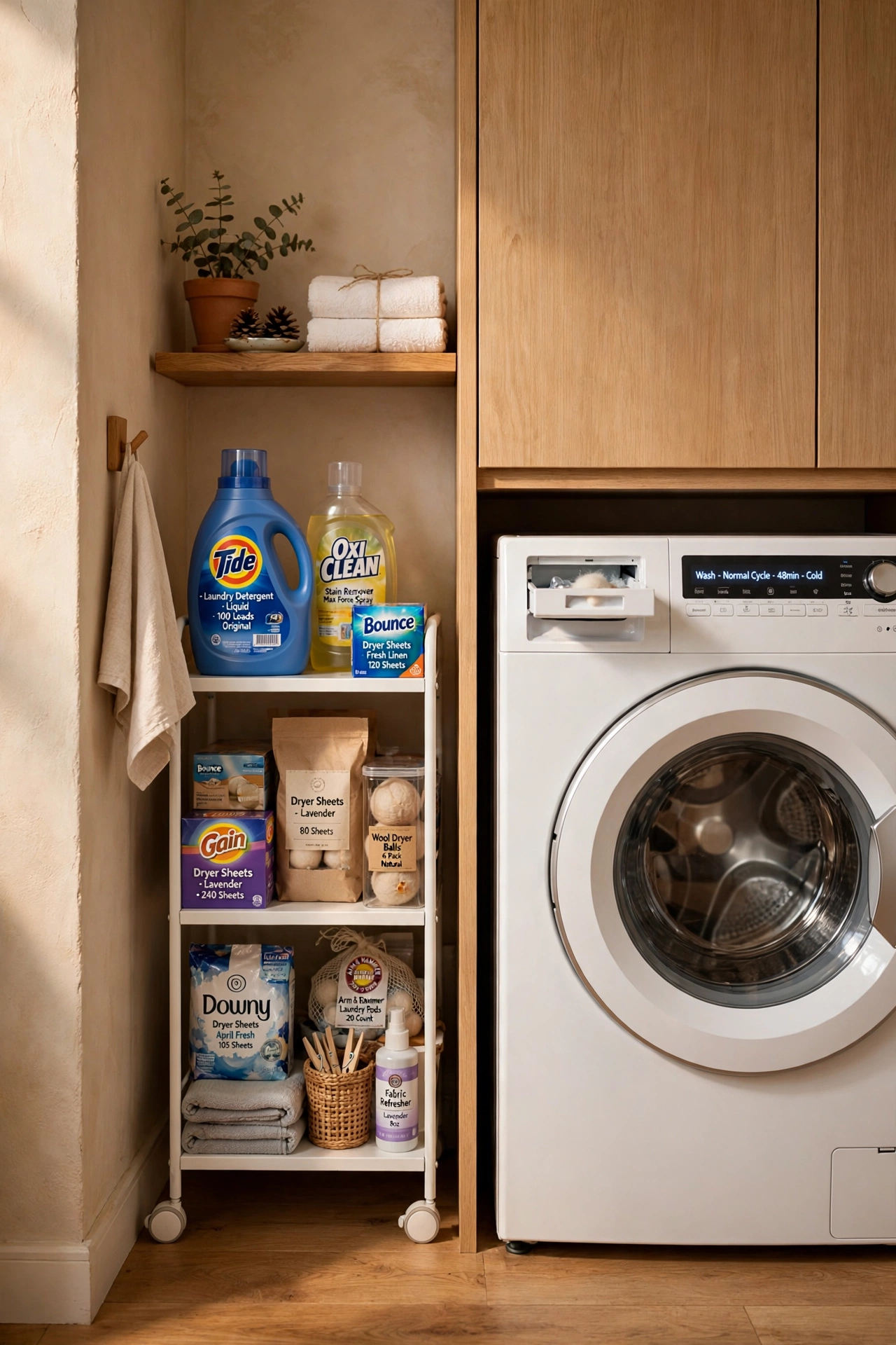 Slim rolling cart in the gap beside a washing machine