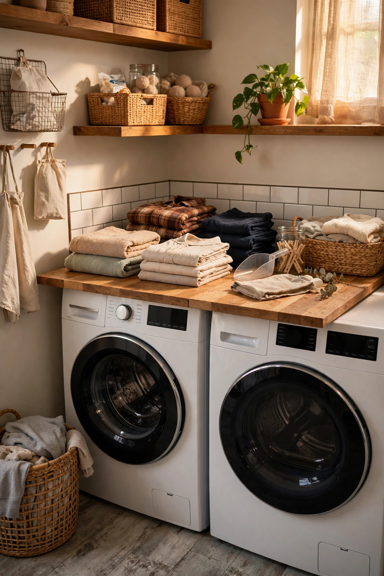 Wooden board across washer and dryer as a folding counter