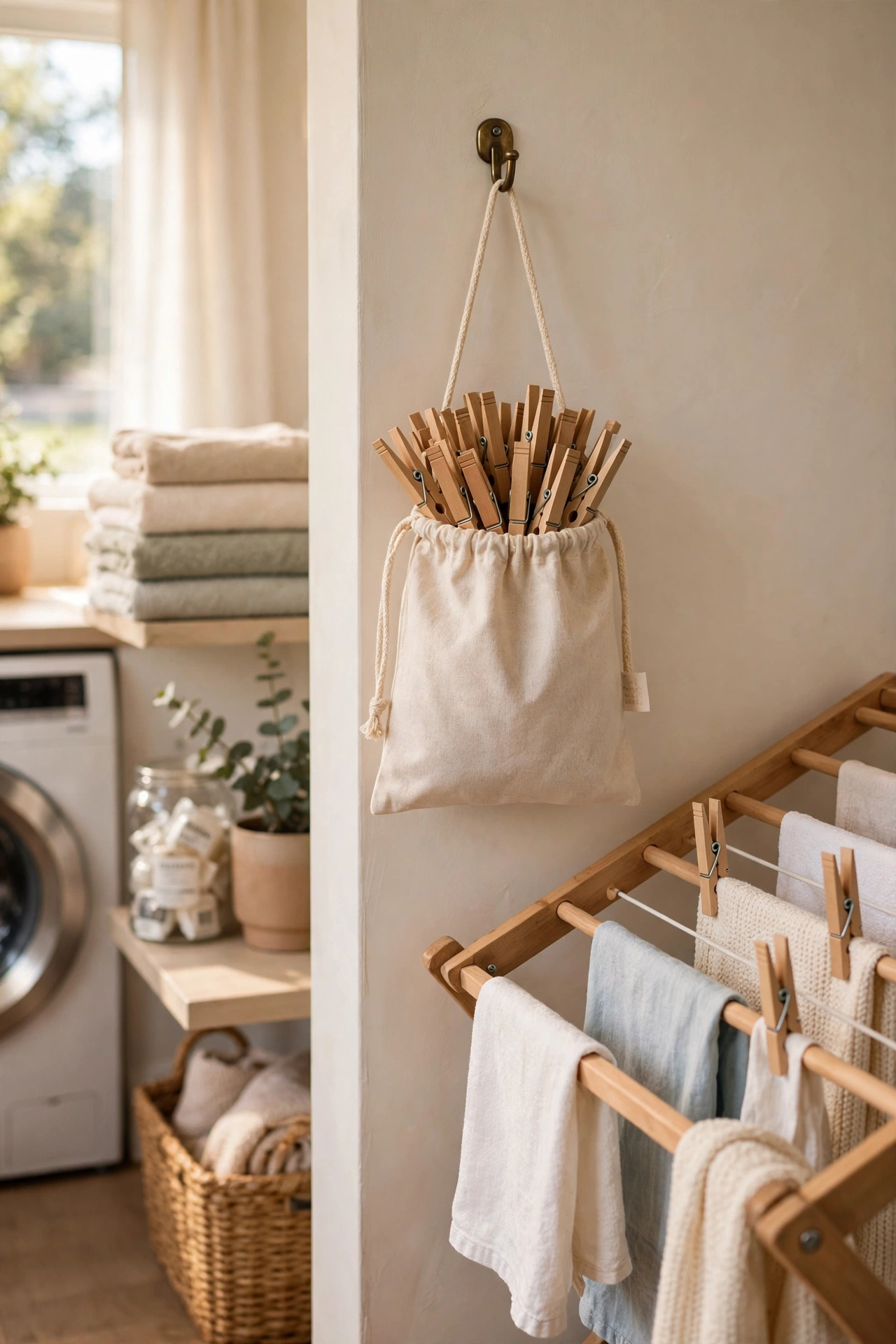 Hanging drawstring bag for clothespins near a drying rack