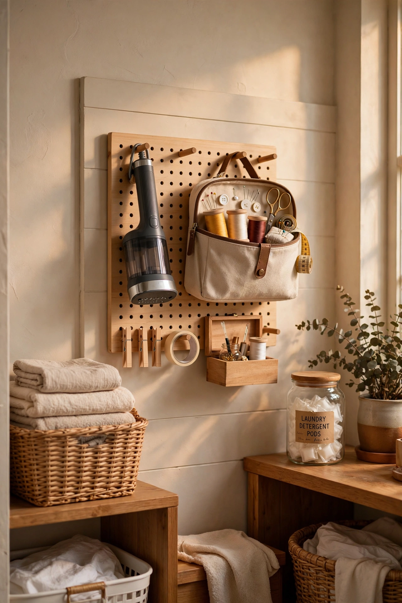 Small pegboard holding iron and laundry tools on the wall