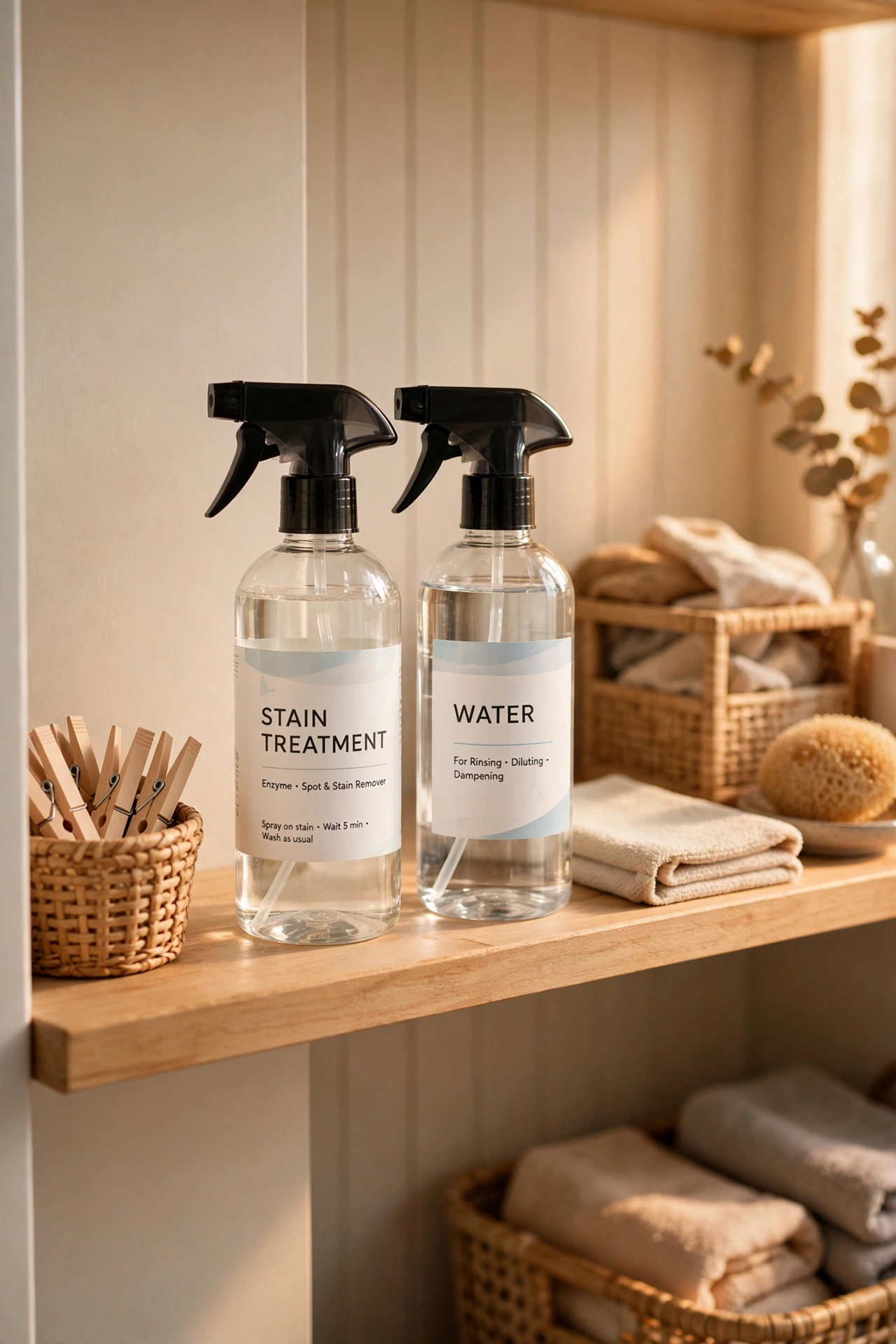 Two labelled refillable spray bottles for laundry