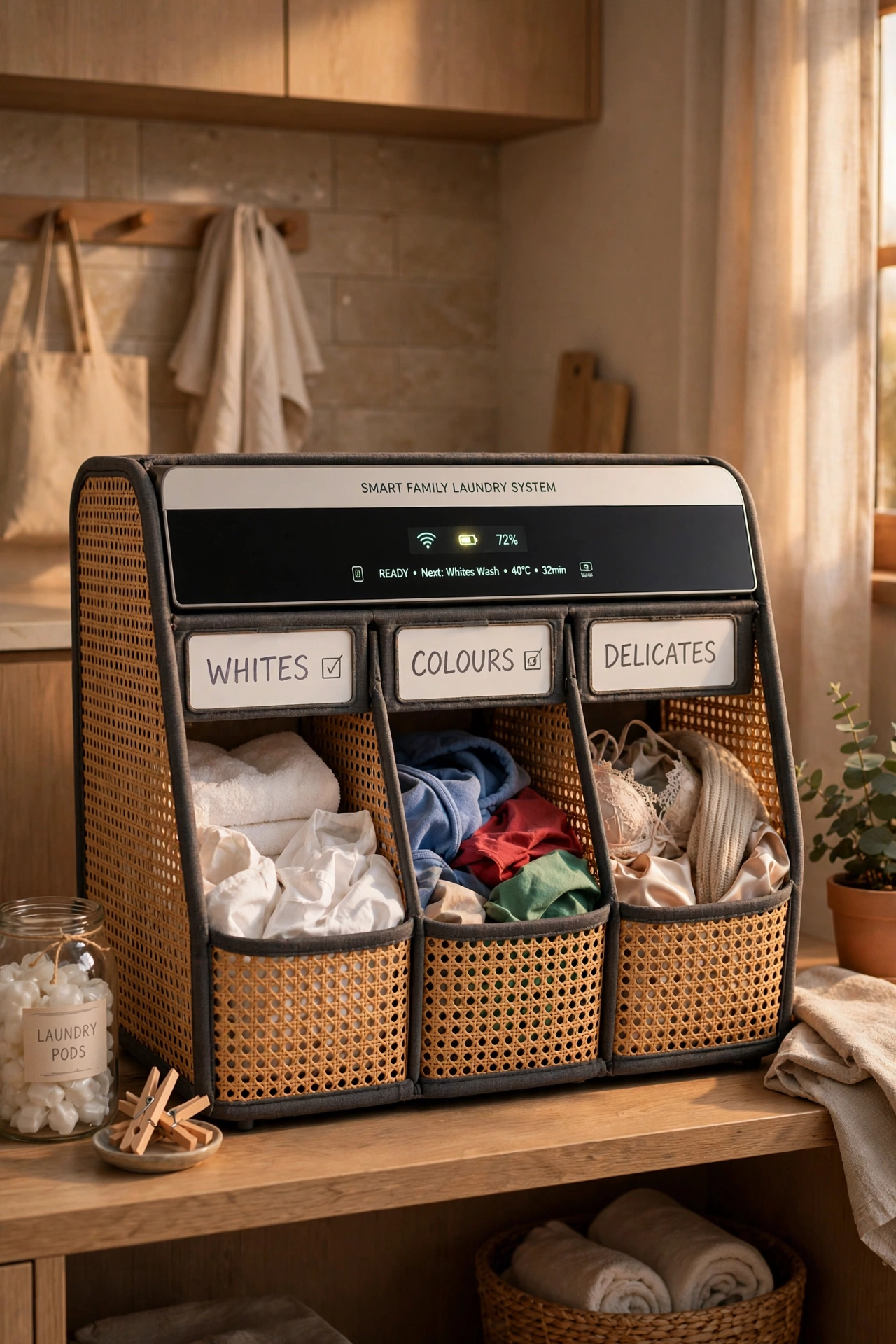 Divided hamper with labelled sections for sorting