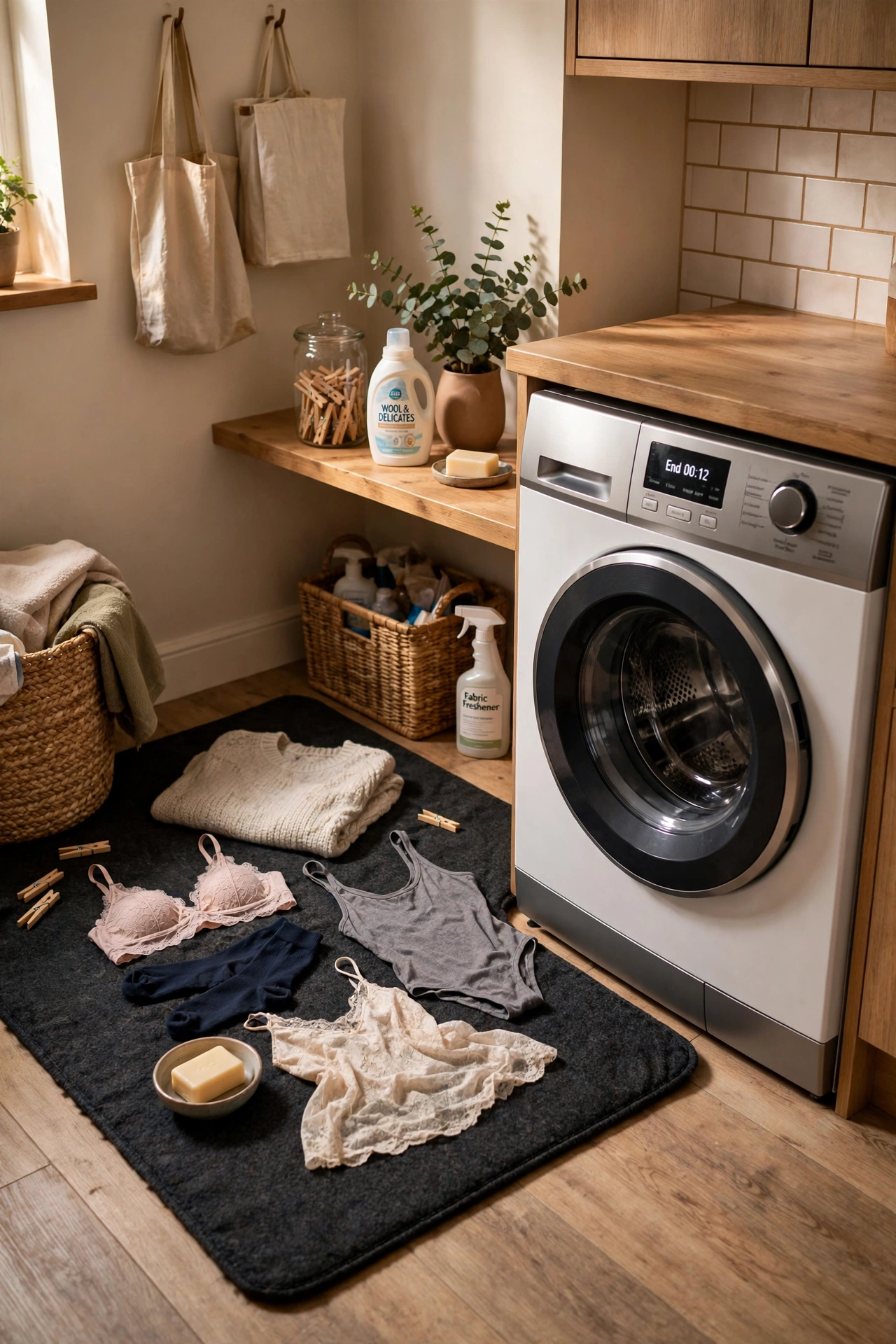 Microfibre drying mat beside washing machines