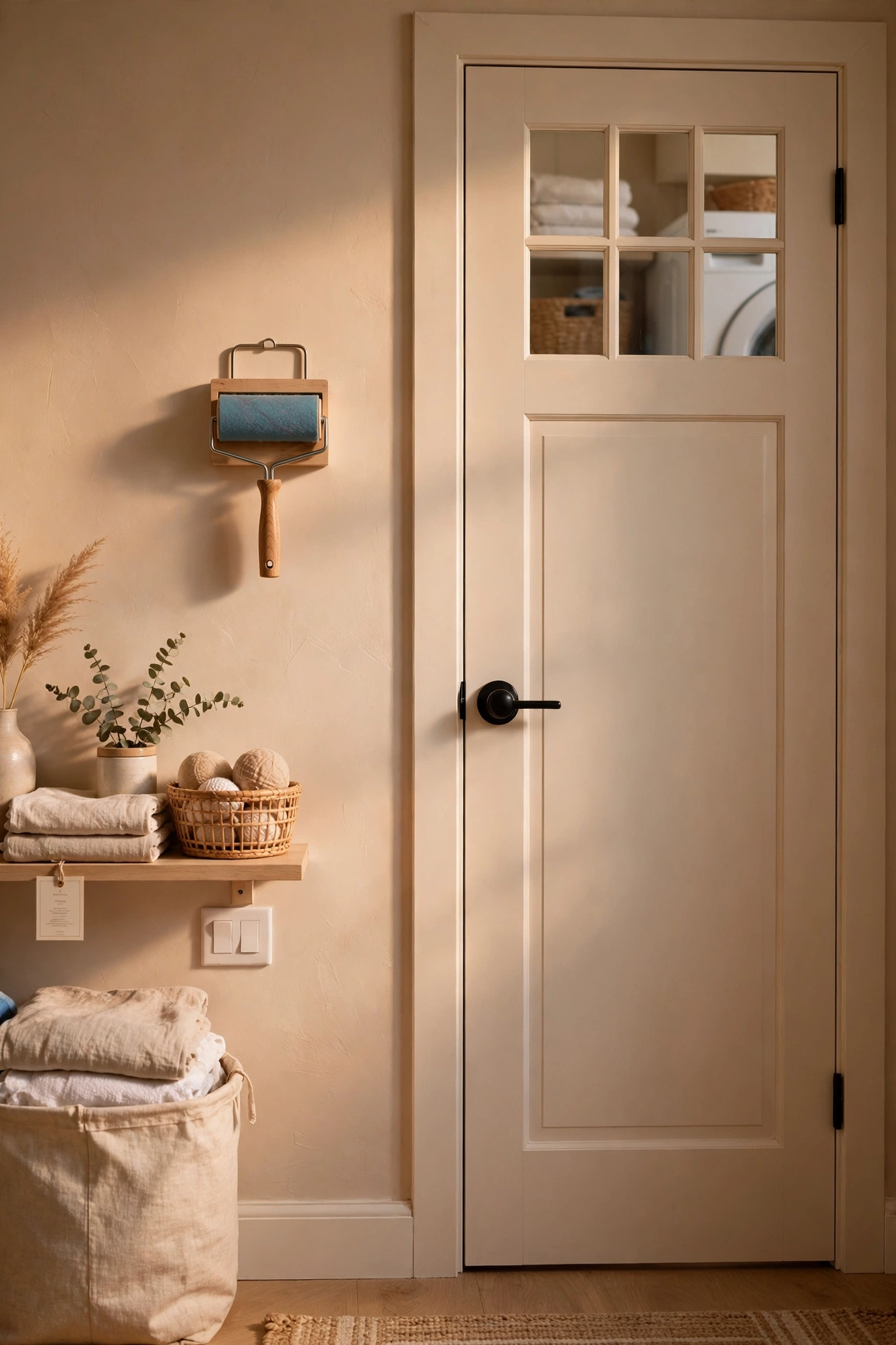 Lint roller in a wall-mounted holder by the door