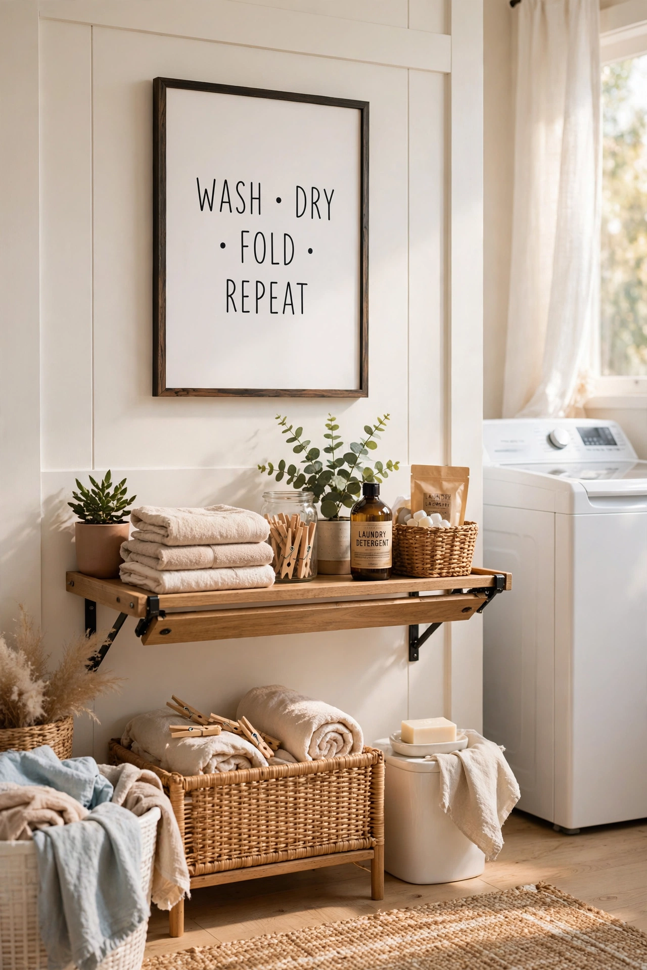Framed laundry quote print above a folding shelf