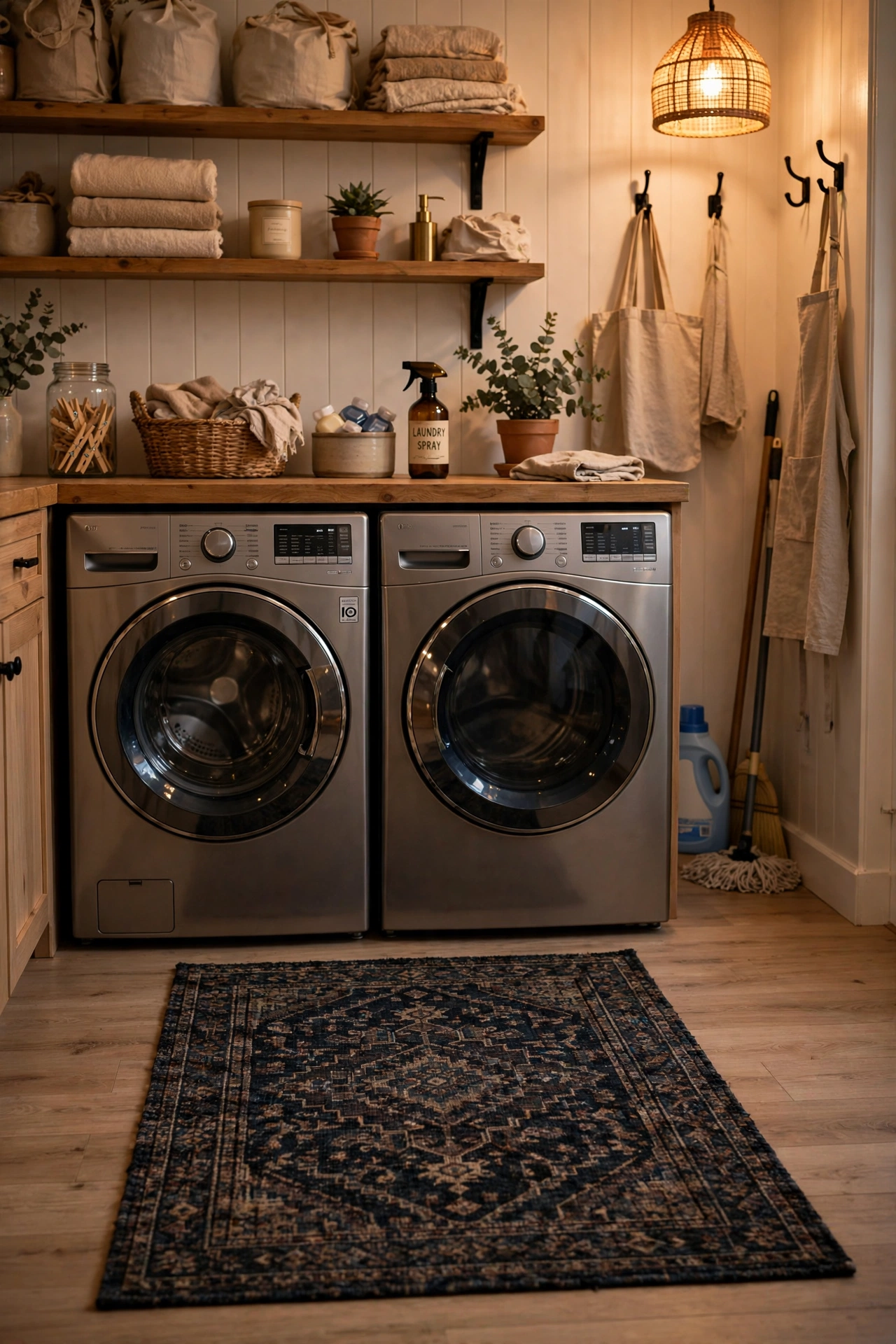 Dark patterned washable runner in front of machines