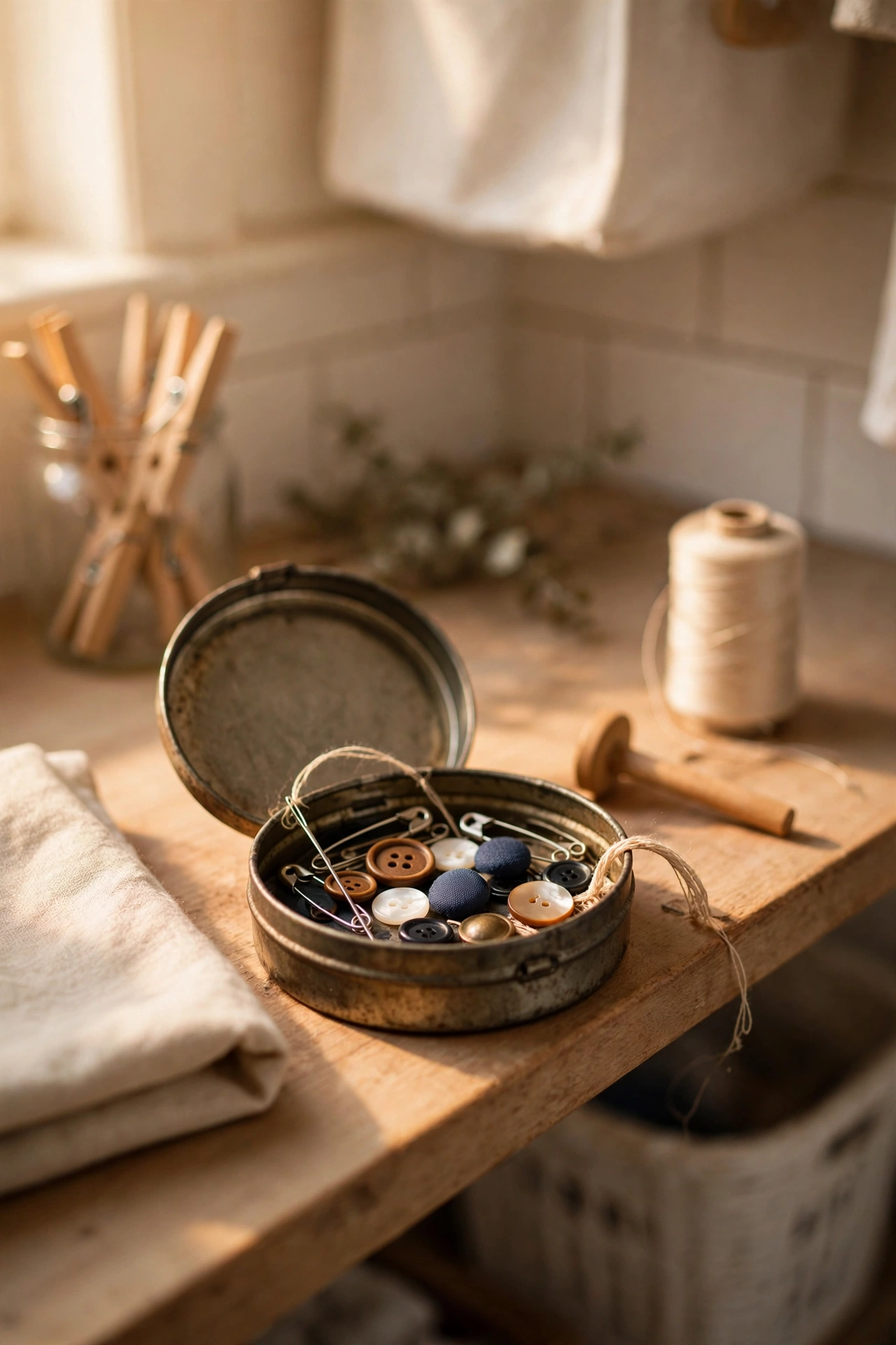 Small tin with buttons needle and thread for mending