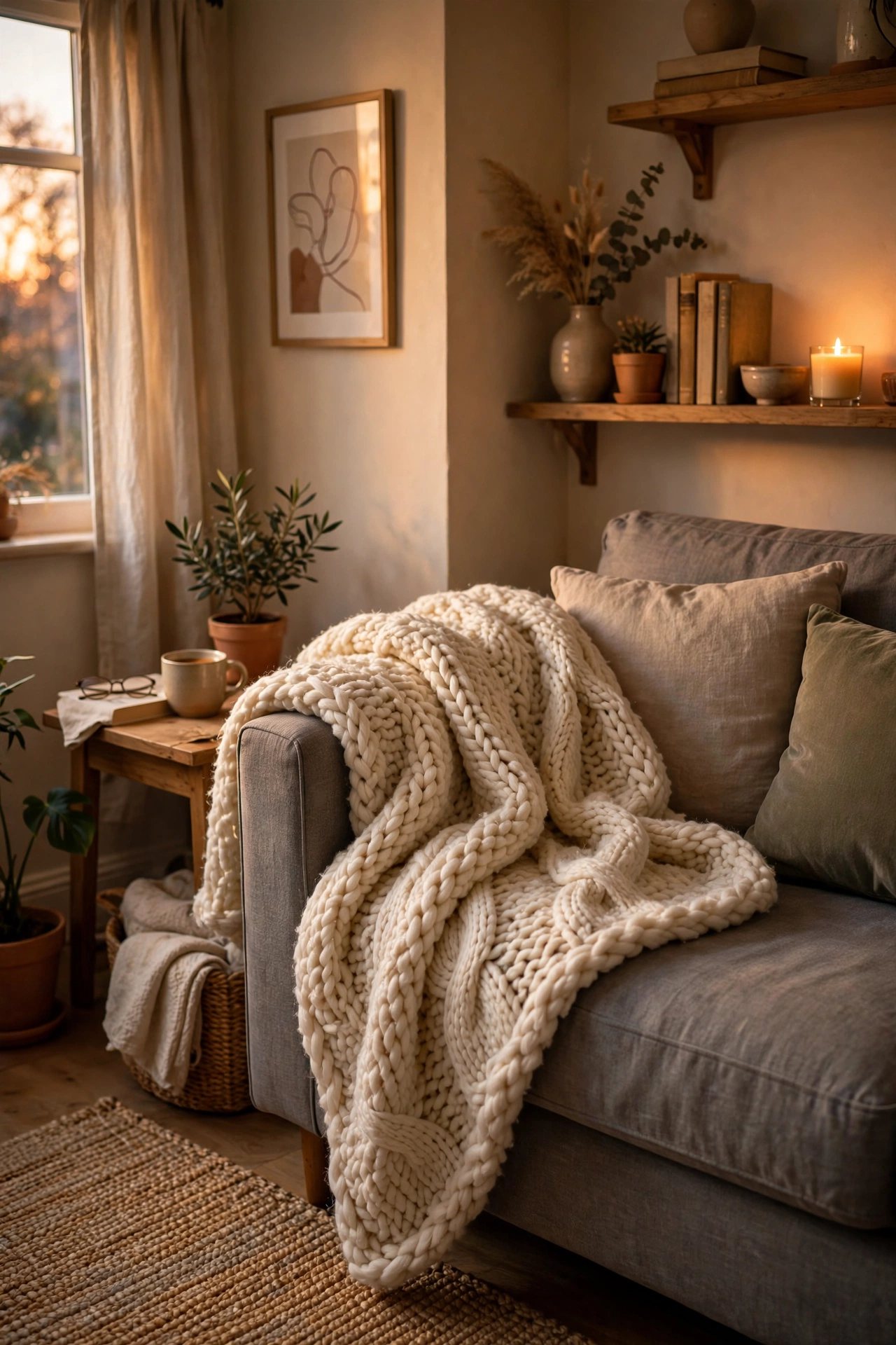 Chunky knit throw blanket draped over a sofa arm