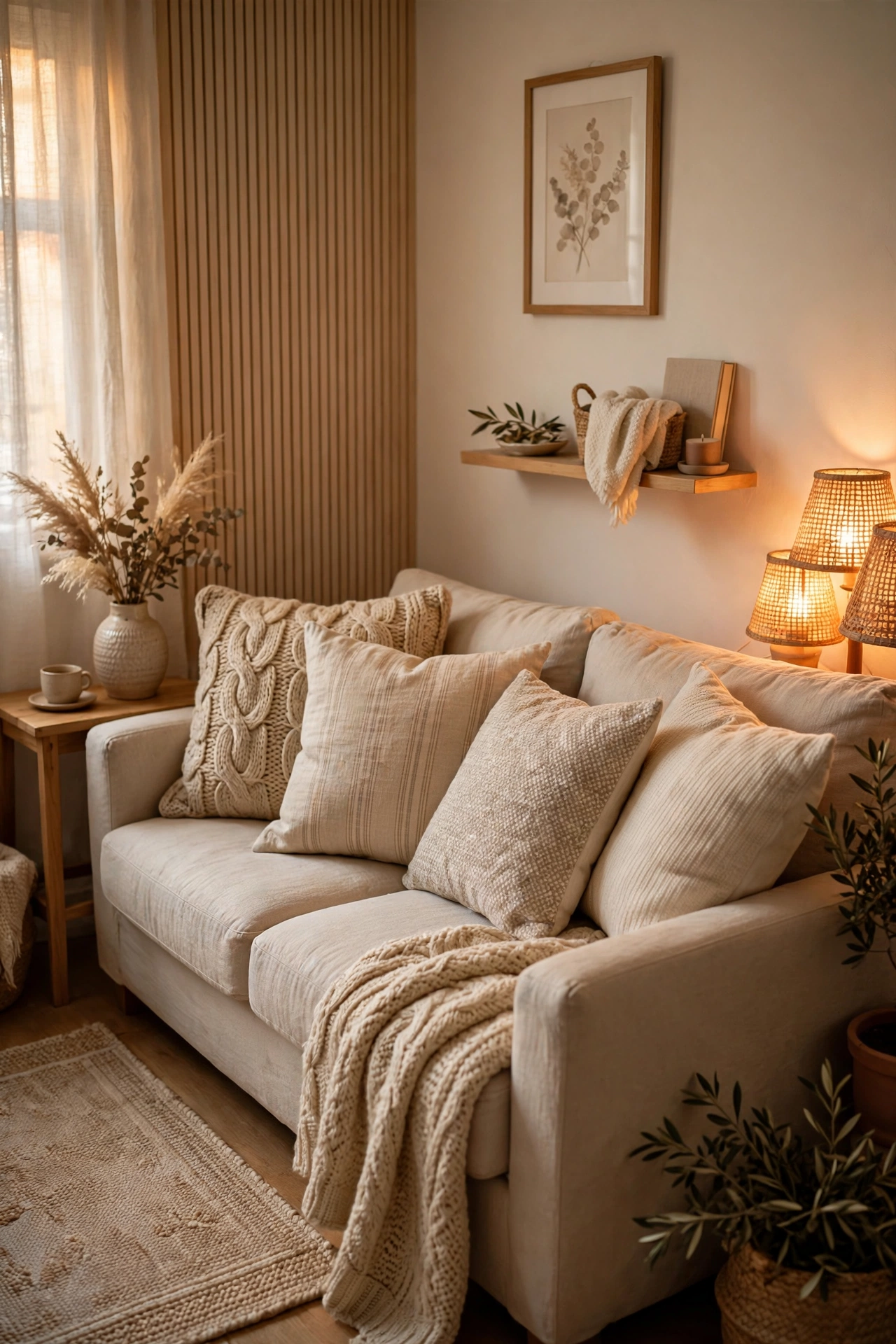 Sofa with mixed texture cushion covers in neutral tones