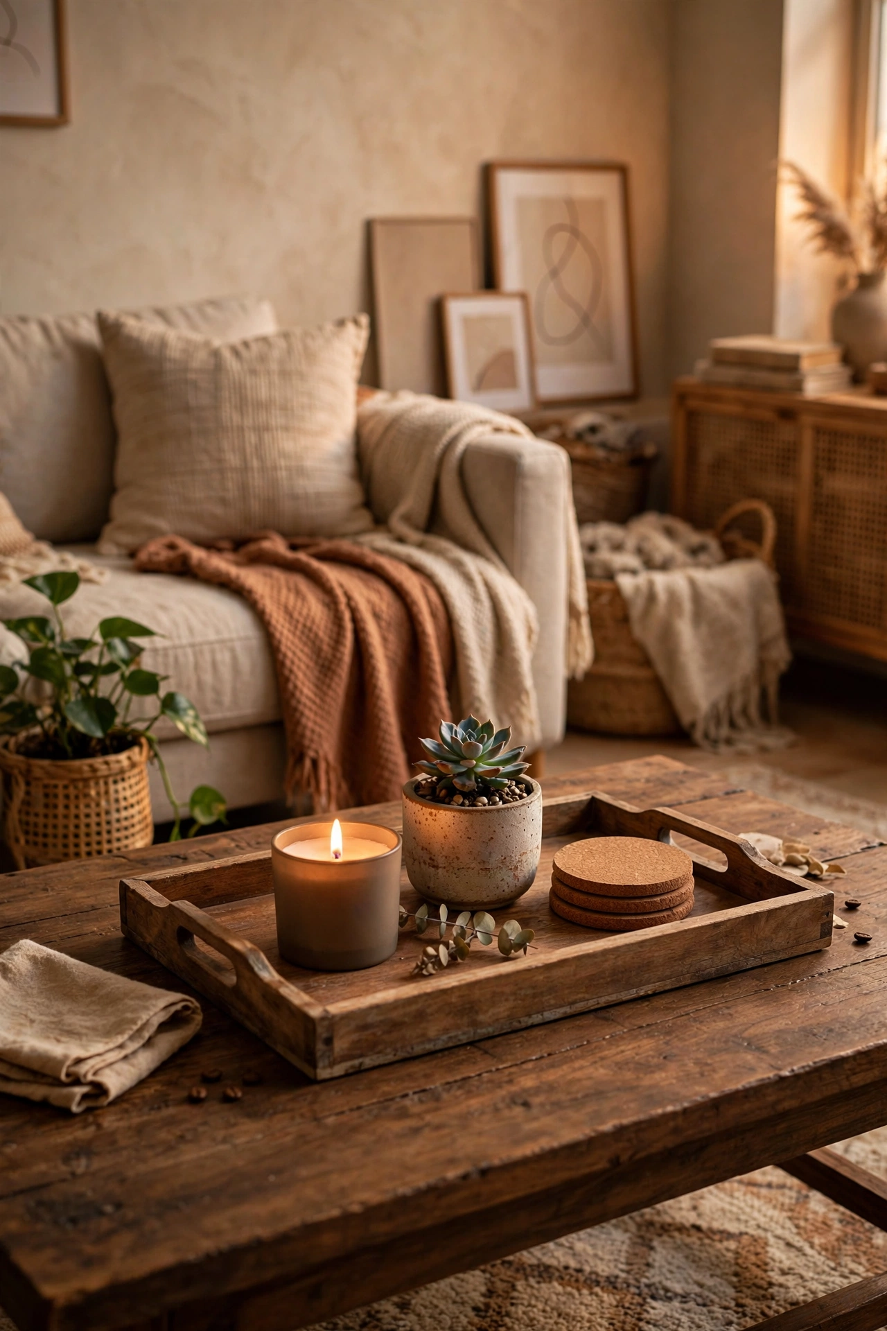 Wooden serving tray styling a coffee table with candle and plant