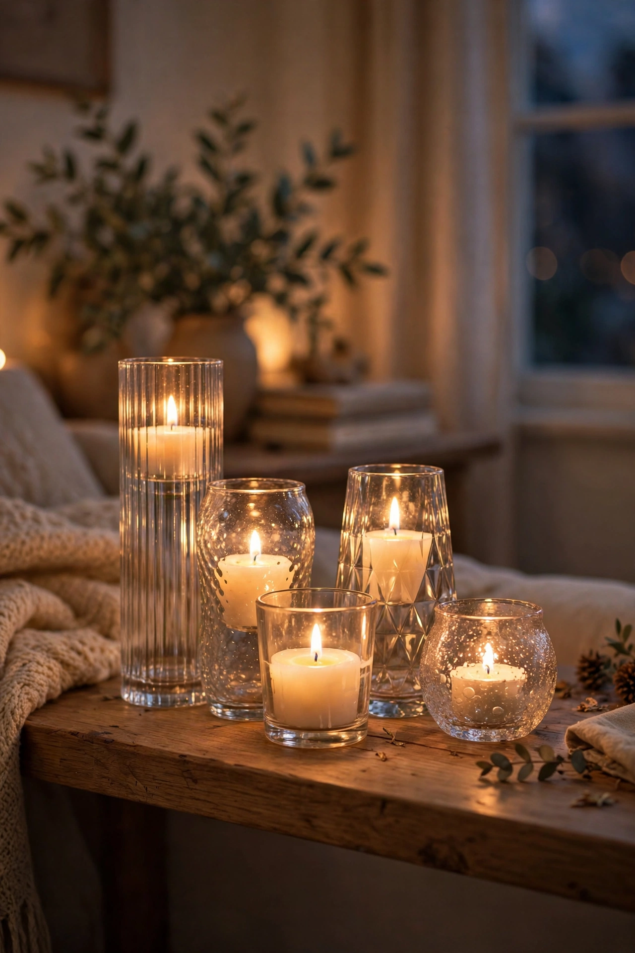 Cluster of glass candle holders at varying heights on a shelf